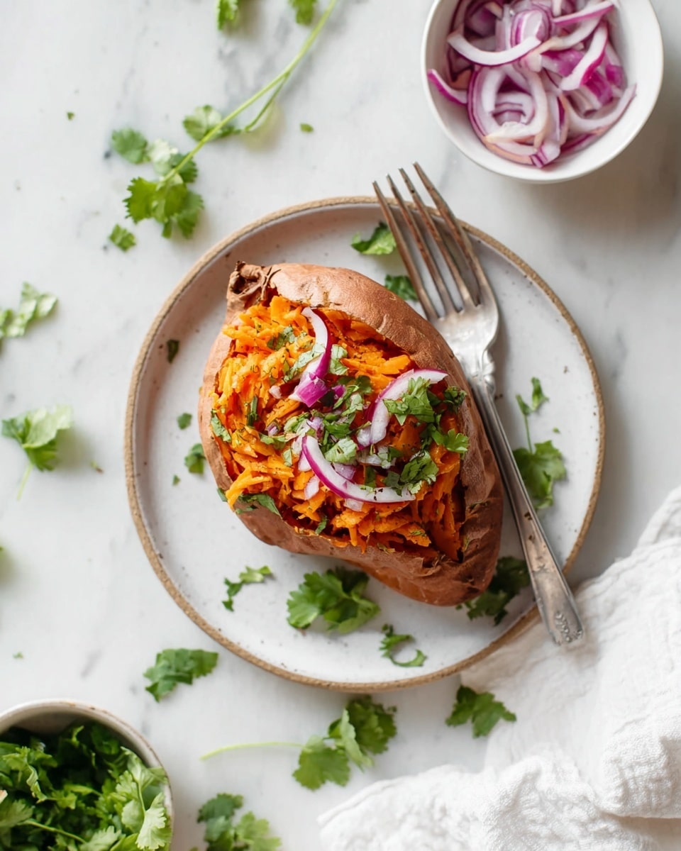 A baked sweet potato sliced open in the middle fills the center of a white plate with a slightly rough edge. Inside the sweet potato, there is a layer of shredded orange-colored filling, topped with thin purple onion slices and bright green cilantro leaves scattered on top and around the plate. A silver fork lies next to the potato, partially on the plate and the white marbled surface underneath. Nearby, a small white bowl holds more purple onion slices, and sprigs of fresh cilantro rest on the white marbled surface in the upper left corner. A white cloth is casually laid out in the lower right corner. Photo taken with an iphone --ar 4:5 --v 7