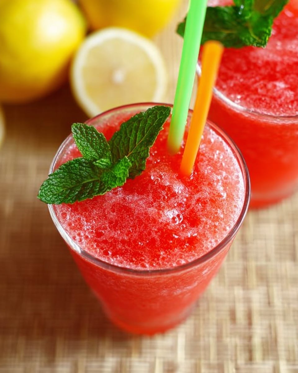 The image shows a top view of two glasses filled with bright red slushy drinks. Each glass has a bubbly and icy texture, topped with fresh green mint leaves on the edge. Two straws, one green and one orange, poking out from the right side of the nearest glass. The glasses are placed on a light brown woven surface, with yellow lemon halves blurred in the background. The overall look is colorful and refreshing. photo taken with an iphone --ar 4:5 --v 7
