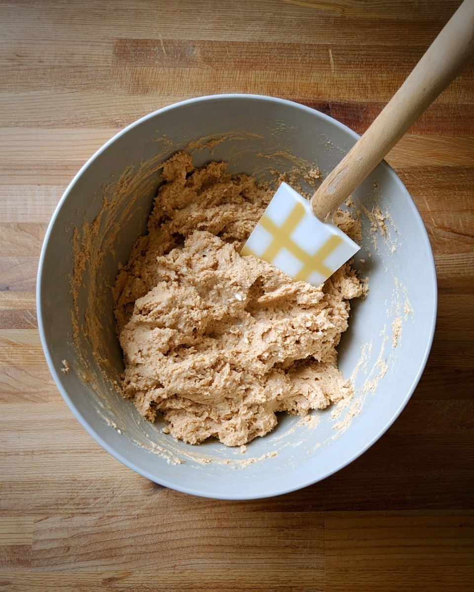 Inside a large white bowl on a wooden table, there is a thick, light brown dough with a rough texture showing small oat pieces mixed in. A spatula with a wooden handle and a white and yellow patterned silicone head rests inside the bowl, partly buried in the dough. The dough fills about half of the bowl and looks sticky and dense. Photo taken with an iphone --ar 4:5 --v 7