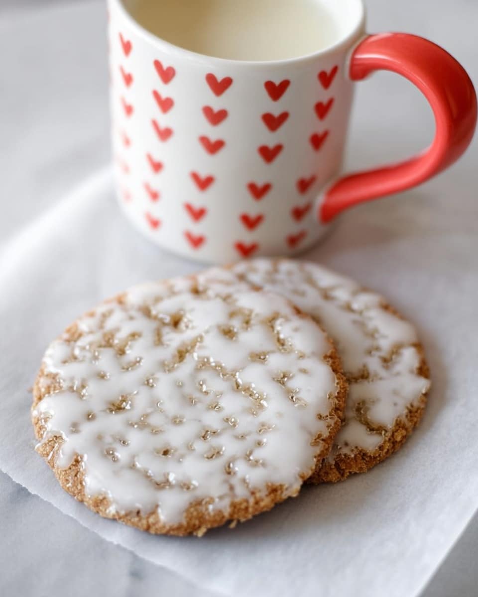 Two round thin cookies with a light brown color are covered with a shiny white icing that has bubbly texture and uneven patterns on top. The cookies are placed one slightly overlapping the other on a piece of white parchment paper, which sits on a white marbled surface. Next to them is a white mug with small red heart shapes and a bright red handle, filled with milk. The scene is softly lit with natural light and the focus is on the texture of the cookies and the mug. photo taken with an iphone --ar 4:5 --v 7