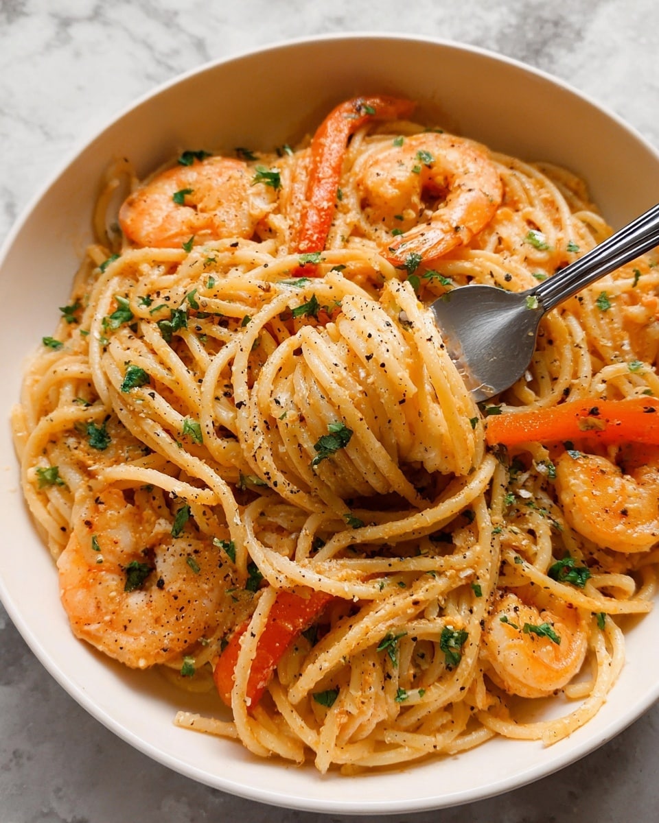 The image shows a white bowl filled with creamy spaghetti mixed with pink shrimp and orange bell pepper slices. The spaghetti strands are coated with a light orange sauce and sprinkled with chopped green herbs and black pepper. A shiny silver fork is twirling some spaghetti on the right side of the bowl. The bowl is set on a white marbled surface. photo taken with an iphone --ar 4:5 --v 7