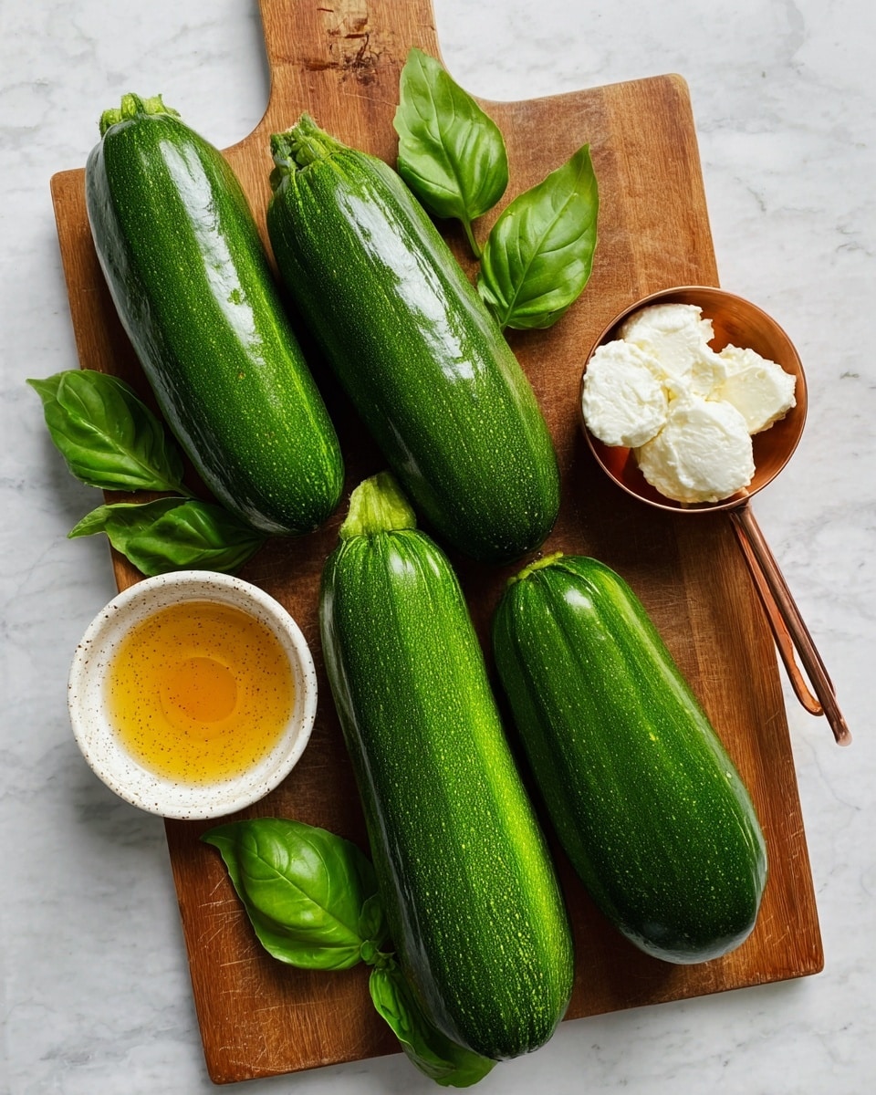 Five whole zucchinis with dark green shiny skin lie horizontally on a wooden cutting board. A small white speckled bowl filled with golden honey sits near the center, surrounded by several fresh dark green basil leaves with visible veins. On the right side, a copper measuring cup holds a chunk of white soft cheese. The background is a clean white marbled surface. photo taken with an iphone --ar 4:5 --v 7