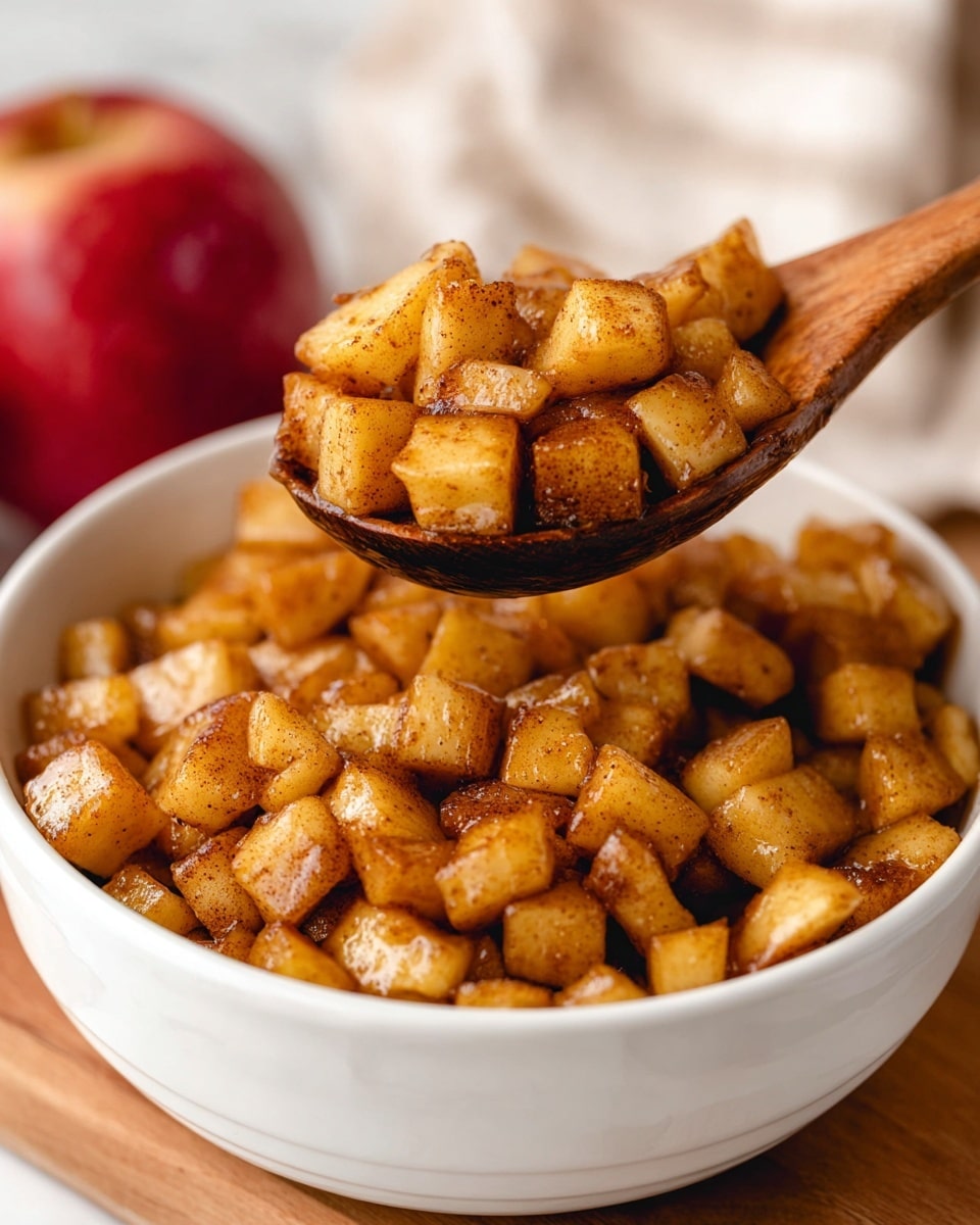 A white bowl filled with small cubed pieces of cooked apples mixed with visible cinnamon spices, giving the cubes a warm brown color and slightly shiny texture. A wooden spoon is lifting a portion of the apple cubes out of the bowl, showing the soft, spiced fruit closely packed together. The whole scene is set on a white marbled surface with a blurred apple and cloth in the background. photo taken with an iphone --ar 4:5 --v 7