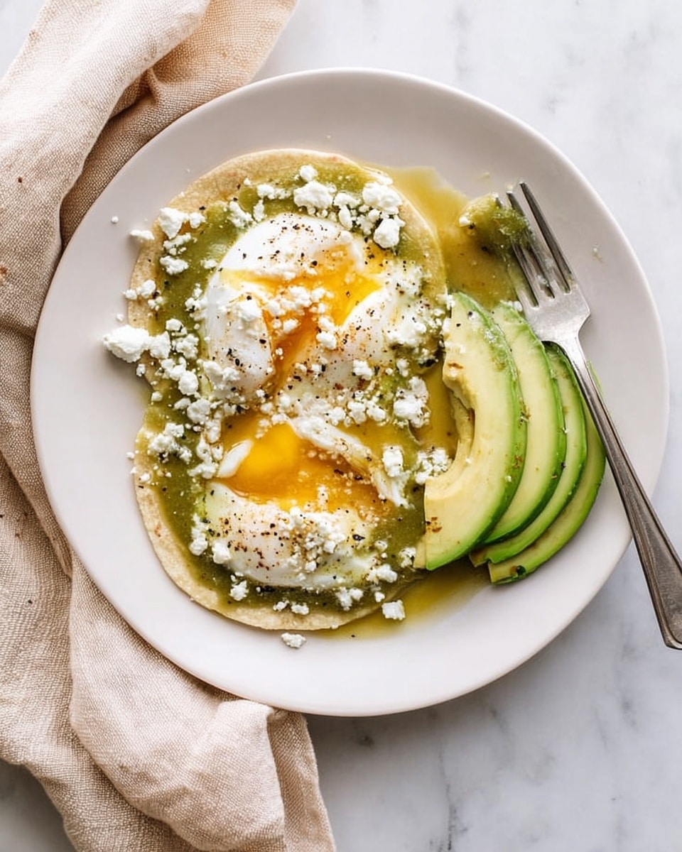 A white plate holds a soft tortilla as the bottom layer, topped with two poached eggs with bright, runny yellow yolks and smooth white edges. The eggs are covered with a green sauce that looks slightly chunky and fresh. Small crumbles of white cheese are sprinkled over the sauce and eggs. On one side of the plate, there are three thick slices of avocado with dark edges and bright green inside. A silver fork rests on the edge of the plate, pressing lightly into one egg. The plate sits on a white marbled surface, with a soft beige cloth partly under it. Photo taken with an iphone --ar 4:5 --v 7