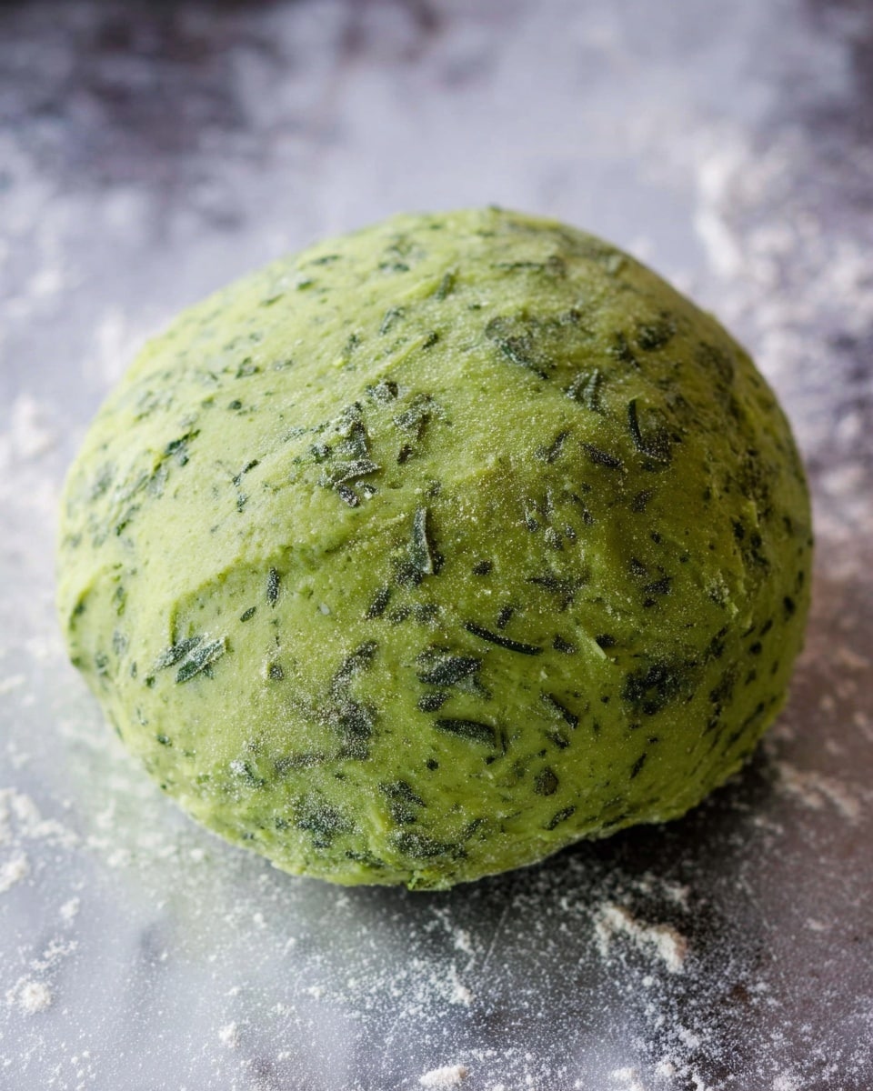 A single round ball of green dough with visible specks of darker green herbs is placed on a white marbled surface lightly dusted with flour. The dough texture looks soft and slightly moist, with small wrinkles and a smooth dome shape. The background is softly blurred, focusing closely on the dough ball in the center of the image, showing its detailed texture and color contrast. photo taken with an iphone --ar 4:5 --v 7