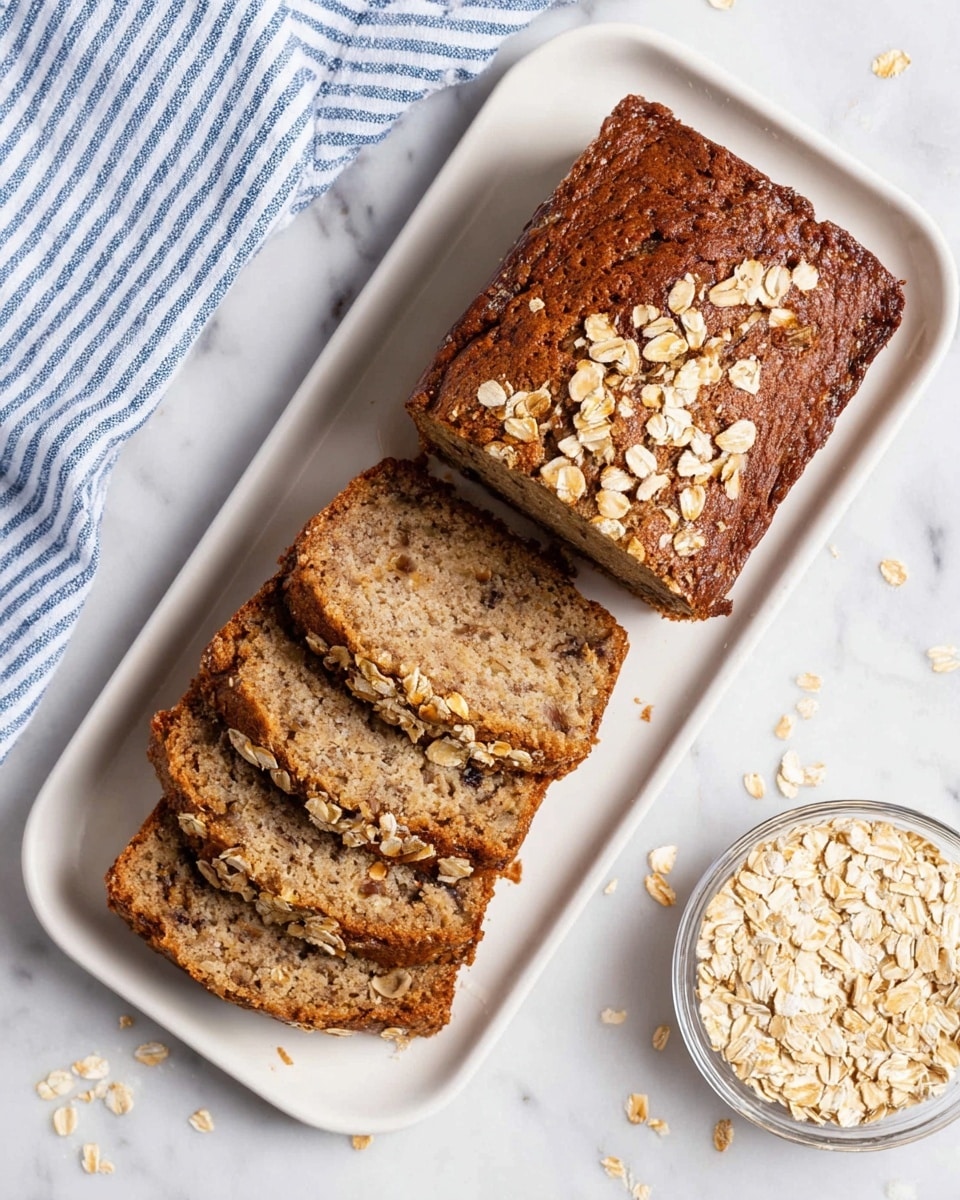 The image shows a loaf of banana bread placed on a white plate with four slices partially cut and laid in a fanned position to the left. The bread has a golden-brown crust topped with a layer of oats, adding texture and color contrast. The inside of the slices reveals a moist, soft texture with visible bits of nuts and darker spots scattered throughout. The plate sits on a white marbled surface with a blue and white striped cloth partially visible in the top left corner. A small clear glass bowl filled with oats is placed to the right of the plate with some oats spilled on the marble surface. Photo taken with an iphone --ar 4:5 --v 7