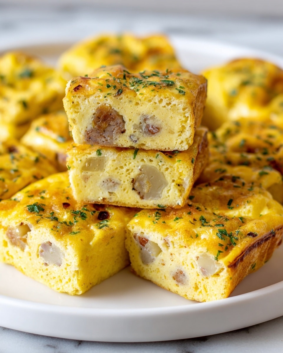 The image shows several small rectangular yellow egg bites on a white plate, placed on a white marbled surface. Each egg bite has a golden, slightly browned top sprinkled with green herbs. Inside, they have a light, fluffy texture with visible chunks of light brown pieces, likely potatoes or sausage. One egg bite is stacked on top of another, showing the soft, airy inside clearly. The layers include a thick yellow egg base with a slightly crispy edge and a few green herbs scattered on top. Photo taken with an iphone --ar 4:5 --v 7