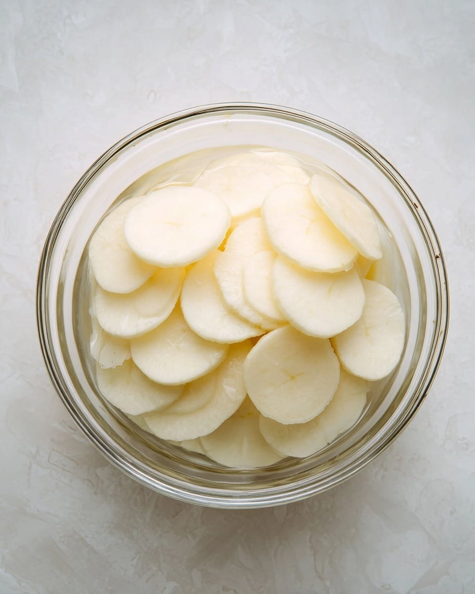 A clear glass bowl filled with thin, round, pale white slices of potato submerged in clear water. The potato slices are stacked loosely within the bowl, some overlapping and some laying flat, showing a smooth texture. The bowl sits on a white marbled surface. photo taken with an iphone --ar 4:5 --v 7
