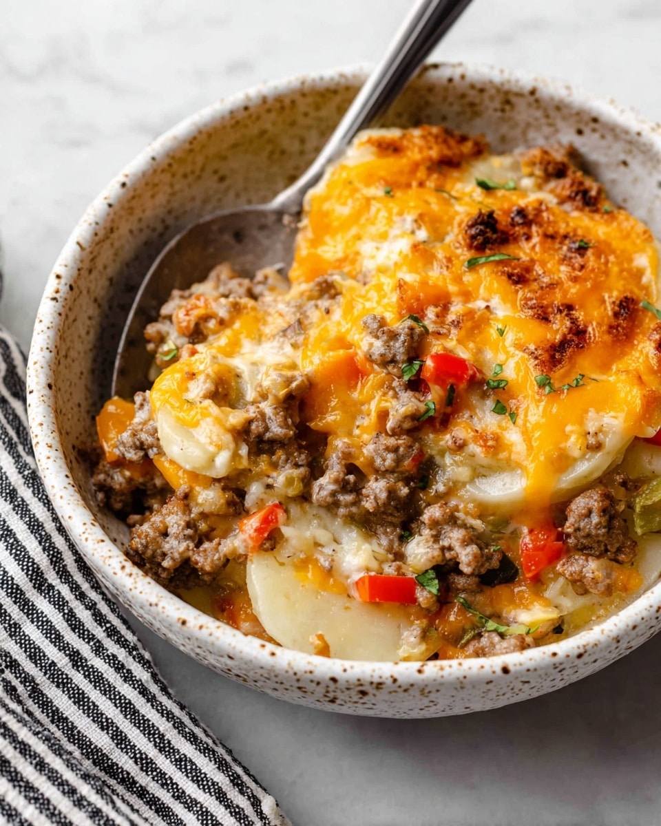 The image shows a close-up of a bowl filled with a layered dish. The layers include sliced potatoes with a smooth off-white color, browned ground meat mixed with small bits of diced red and green peppers, and melted golden-yellow cheddar cheese covering the top. The dish has a creamy texture with some browned crispy spots on top. Small green herbs are sprinkled throughout for color. The bowl is white with small brown speckles and has a silver spoon inside. The background is a white marbled texture with part of a black-and-white striped cloth visible. Photo taken with an iphone --ar 4:5 --v 7