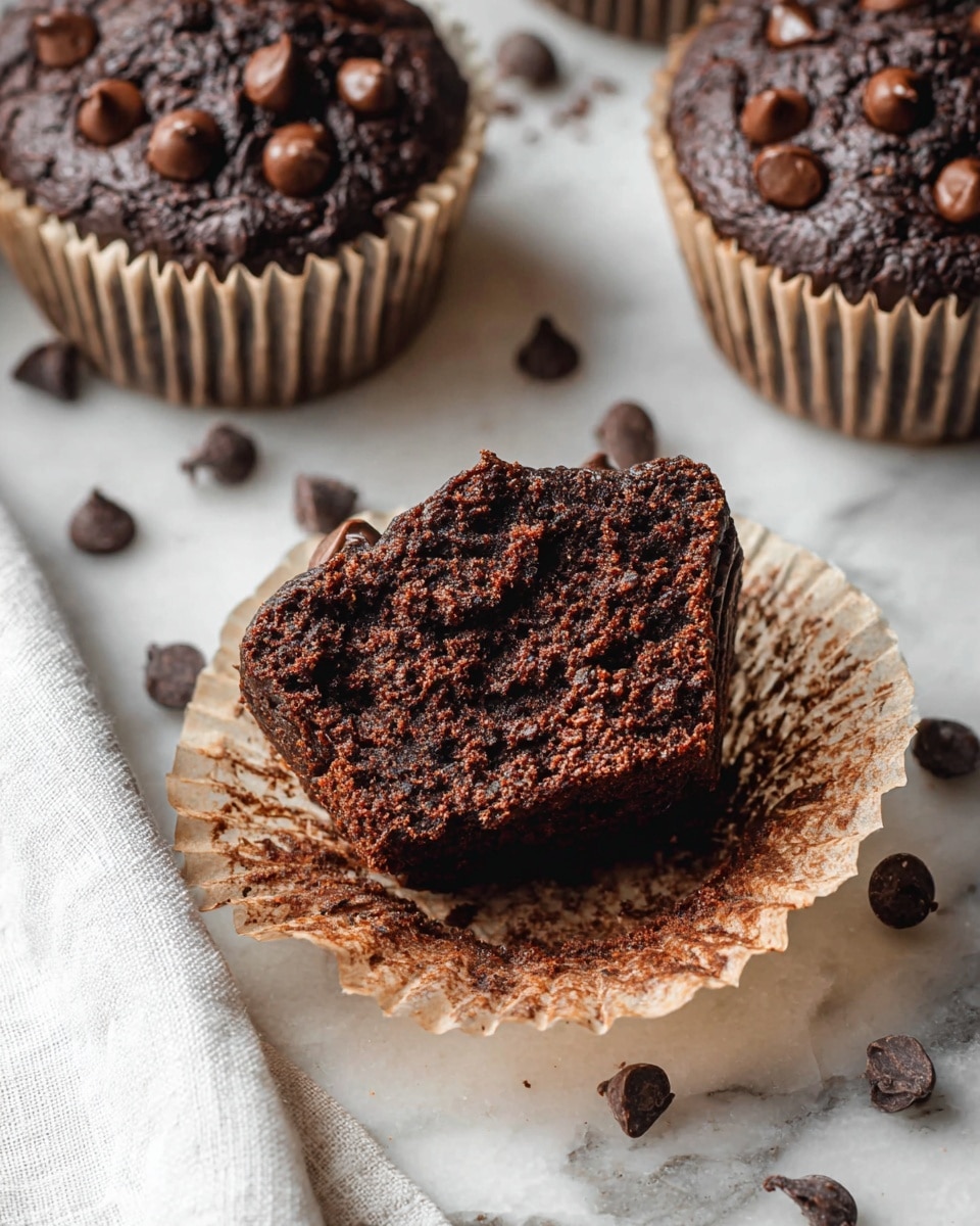 The image shows dark chocolate muffins with a rough, bumpy top layer dotted with melted chocolate chips in a light brown cupcake liner. One muffin is open, revealing a soft, moist, and crumbly dark chocolate inside with a slightly spongy texture. The muffins rest on a white marbled surface with scattered chocolate chips around. A white cloth is partially visible at the bottom left corner. photo taken with an iphone --ar 4:5 --v 7