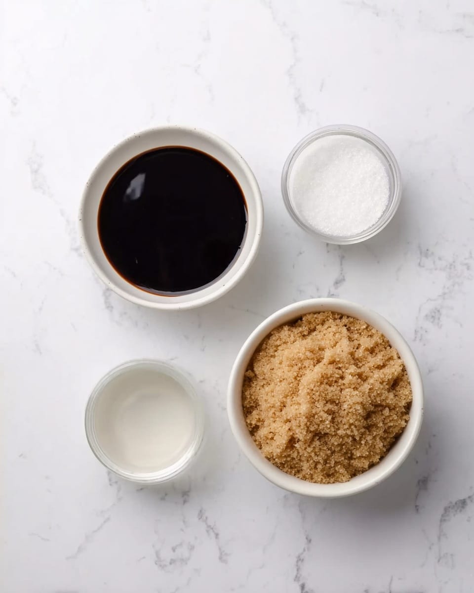 Four small white bowls sit on a white marbled surface. The largest bowl on the left holds a thick dark brown liquid almost filling it. To the right of that is another large white bowl filled with light brown crumbly sugar. Above these two bowls, slightly spaced apart, are two smaller white bowls; the left one holds a white powdery substance and the right one contains clear liquid. The bowls are evenly spaced, and the overall look is clean and simple. photo taken with an iphone --ar 4:5 --v 7