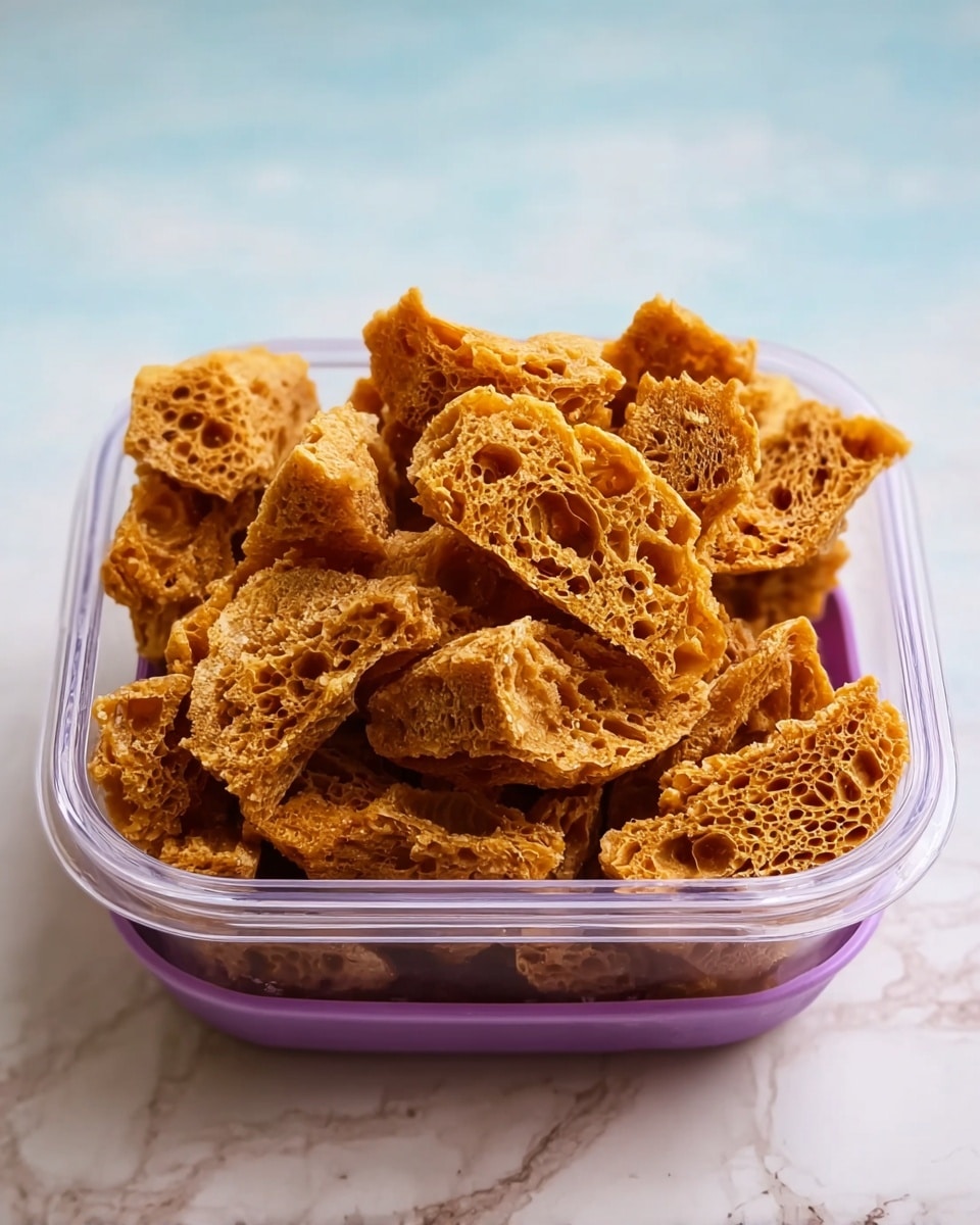 A clear rectangular plastic container filled with many rough, golden-brown pieces that have a dry, airy, and crunchy texture with many holes and uneven shapes, sitting on a white marbled surface with a purple lid partially visible underneath the container photo taken with an iphone --ar 4:5 --v 7