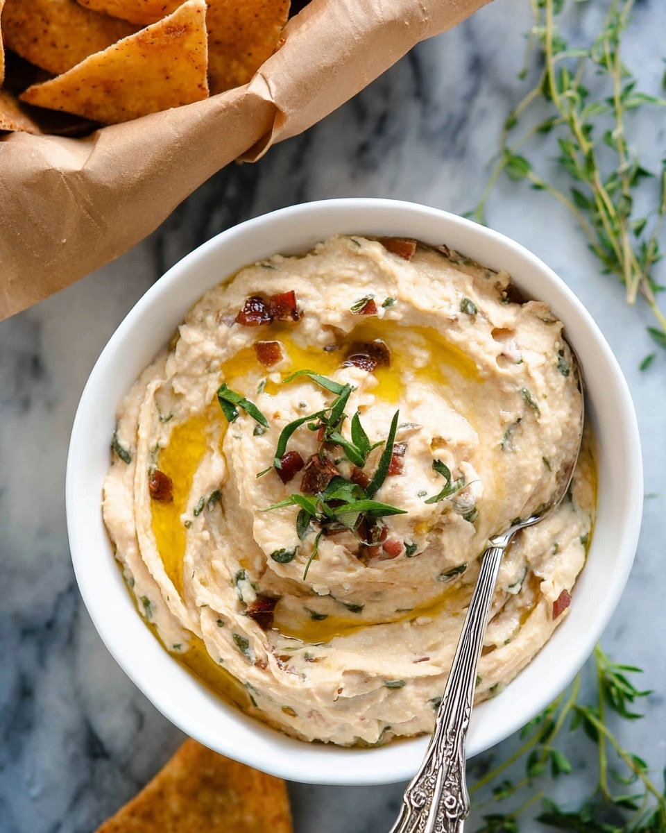 A white bowl filled with creamy, light beige hummus that has small green herb pieces and darker bits mixed in. The hummus shows swirled, soft textures drizzled with a golden olive oil layer on top, garnished with fresh green herb leaves and tiny reddish-brown pieces. A silver spoon with an ornate handle is placed in the bowl. In the background, a brown paper bag holds flat, triangular pita chips, all set on a white marbled surface with some green herbs nearby. photo taken with an iphone --ar 4:5 --v 7