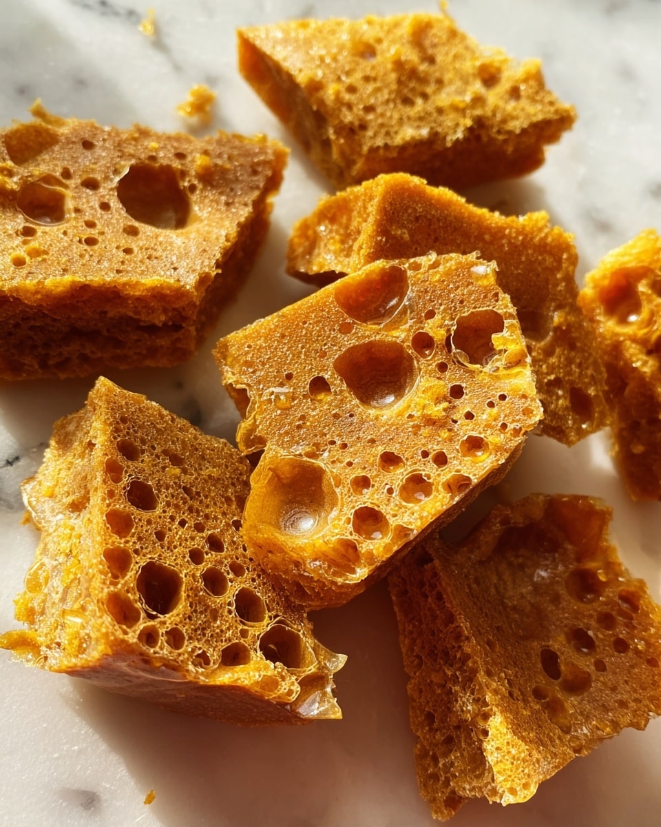 The image shows several irregular pieces of honeycomb toffee with a rich golden-brown color and an airy, porous texture, resembling a sponge with many holes. The toffee pieces vary in size and shape and are placed closely together on a white marbled surface, with light shining on them to highlight their glossy, crunchy-looking exterior and delicate inner bubbles. photo taken with an iphone --ar 4:5 --v 7