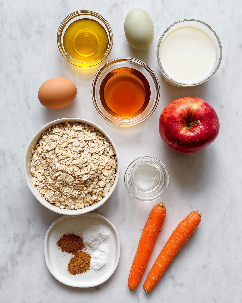 The image shows ingredients neatly arranged on a white marbled surface. In the bottom left, there is one layer of light beige rolled oats in a white bowl with a smooth texture. Above it are three eggs in a triangle shape, each with a smooth shell in different shades of brown and light green. To the right of the eggs are three glass bowls with clear sides, each holding a different liquid: golden oil on top left, amber vanilla extract in the middle, and golden honey on the bottom right. Next to the vanilla extract, there is a small glass cup with white milk. At the top right is a single shiny red apple with a greenish-brown stem. Near the apple is a white plate with three dry spice piles arranged in a triangle: cinnamon brown, bright white powder, and salt white. At the far right bottom corner is a single bright orange carrot with a small green top. Photo taken with an iphone --ar 4:5 --v 7