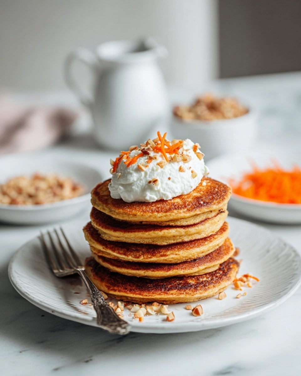 A stack of six golden brown pancakes sits in the center of a white plate with a vintage silver fork resting on the edge. The pancakes are thick and fluffy with slightly darker edges, showing a soft texture. On top of the stack, there is a generous dollop of white whipped cream, garnished with small orange carrot shreds and some chopped light brown nuts. The plate rests on a white marbled surface, and in the blurred background, there is a small white sauce pitcher and white plates with shredded orange carrots and nuts. The soft natural light highlights the warm tones of the pancakes and the delicate colors of the toppings photo taken with an iphone --ar 4:5 --v 7