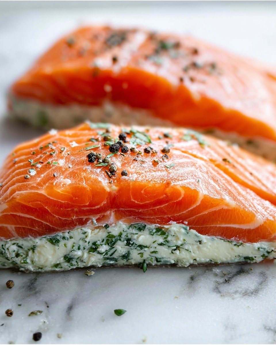 A close-up view of two pieces of fresh, raw salmon fillets on a white marbled surface, each folded over a creamy mixture with visible green herbs inside, creating two layers: the bright orange, textured salmon skin on top and bottom, and a thick, white and green creamy filling in the middle; small black pepper specks are scattered over the salmon surface, which looks moist and slightly shiny with natural salmon lines and a soft texture; the background is a smooth white marbled texture; photo taken with an iphone --ar 4:5 --v 7
