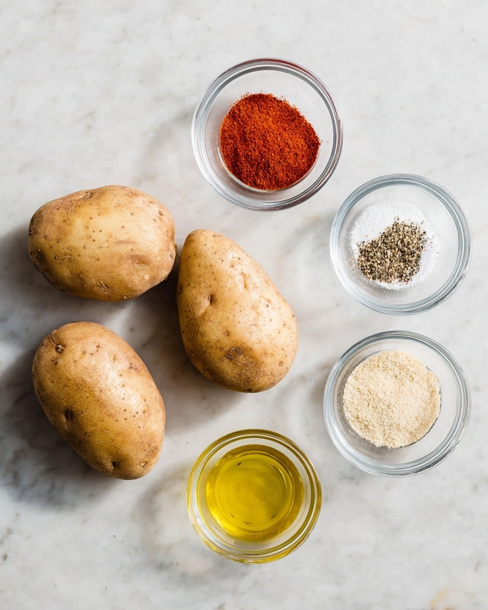 The image shows two whole potatoes with a light brown rough skin placed on a white marbled surface. Next to the potatoes are four small clear glass bowls arranged in a rectangular shape. The top left bowl contains bright red paprika powder, the top right bowl holds white salt and black pepper mixed, the bottom right bowl has light beige garlic powder, and the bottom left bowl is filled with golden yellow olive oil. The ingredients are neatly spaced and captured from above. Photo taken with an iphone --ar 4:5 --v 7