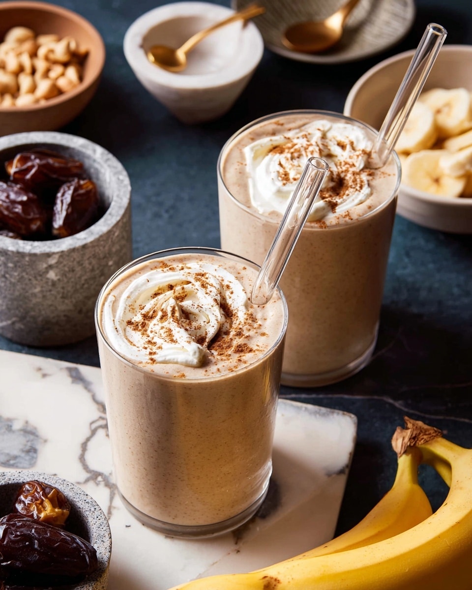 Two clear glasses filled with a creamy, light brown smoothie topped with a swirl of white cream and a sprinkle of cinnamon. Each glass has a clear straw on the right side. They sit on a dark surface with white marbled texture. Surrounding the glasses are a white bowl with tan nuts, a white bowl with sliced bananas, a small gray marble mortar with a golden spoon, a white bowl with dark dates, and a bunch of fresh yellow bananas on the lower left. The scene is bright and cozy. photo taken with an iphone --ar 4:5 --v 7