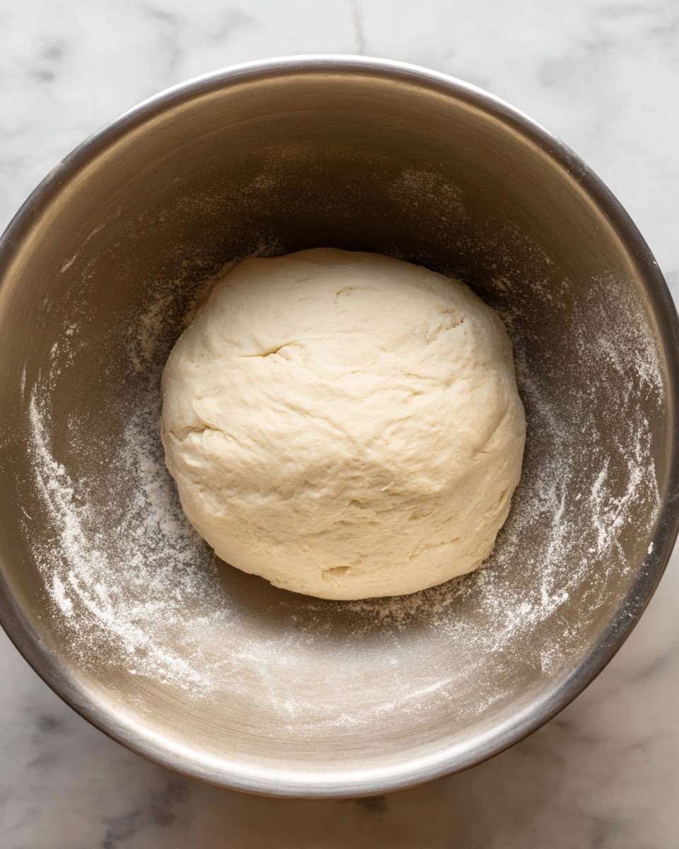 A close-up image showing a smooth ball of dough resting in the middle inside a large shiny metal bowl. The dough is pale with a soft texture and a few small cracks on the surface. Light flour dust is scattered lightly around the inside edges of the bowl. The bowl sits on a white marbled surface. photo taken with an iphone --ar 4:5 --v 7