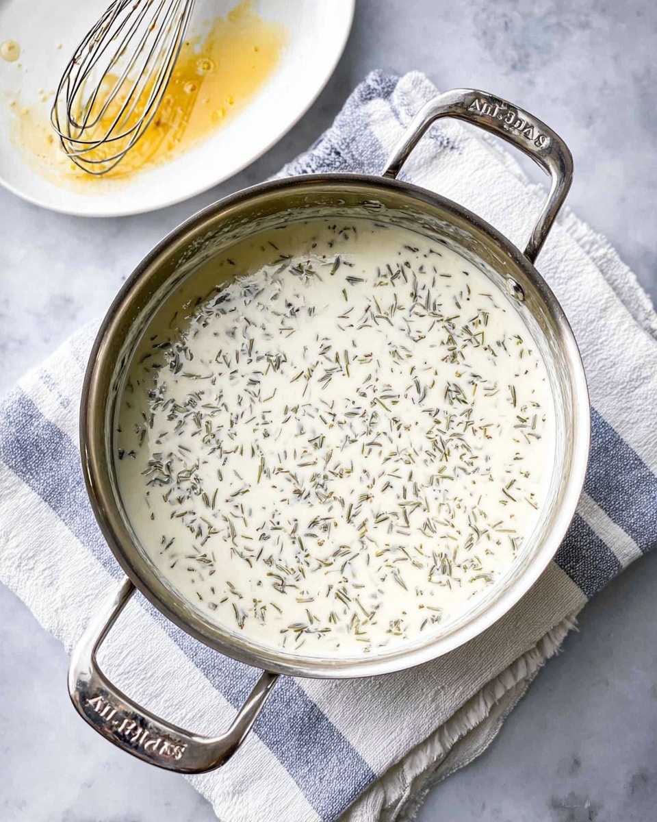 A top view of a silver metal pot filled with a creamy white liquid that has small dark green herb flakes mixed evenly throughout. The pot has two handles, each engraved with the word