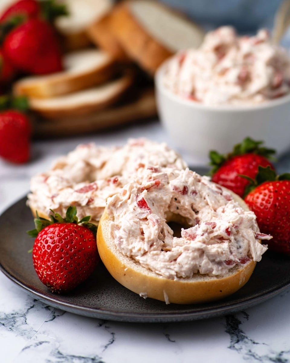 A white bagel sliced in half, each half thickly spread with a creamy mix that is light pink with visible small red pieces, sitting on a dark plate. Around the bagel halves are several fresh strawberries, bright red with green caps, adding vibrant color to the scene. In the blurred background, a white bowl filled with more of the creamy mix is seen, along with some pieces of bread. The whole setup is placed on a surface with a white marbled texture. photo taken with an iphone --ar 4:5 --v 7