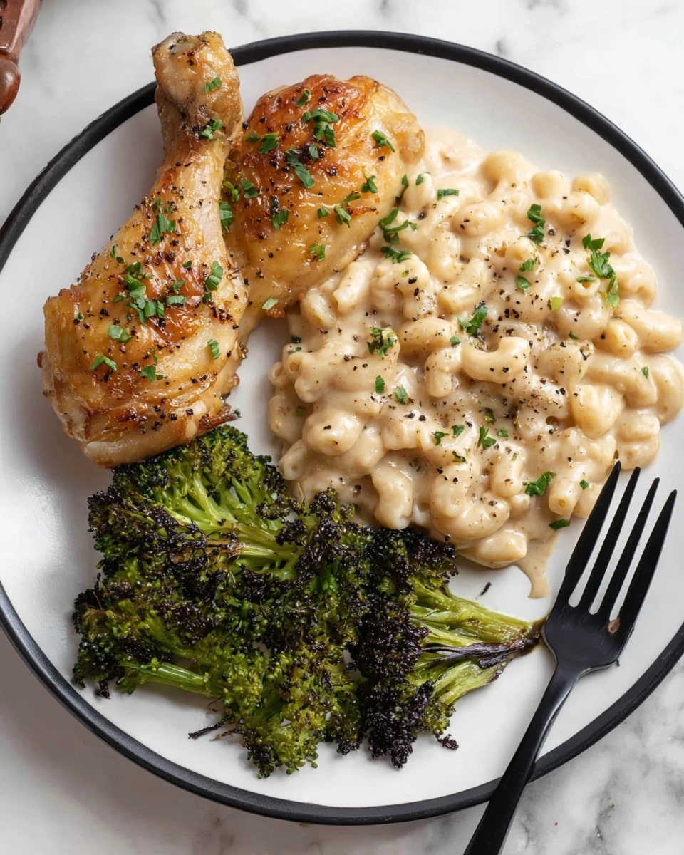 A white plate with a black rim holds three main parts: two golden-brown roasted chicken legs sprinkled with small green herbs on the upper left, a creamy light beige mac and cheese with small pasta pieces topped with black pepper and green herbs on the right, and a portion of roasted broccoli with dark green and blackened tips placed at the bottom left. A black fork lies next to the mac and cheese on the right side, all set against a white marbled surface. photo taken with an iphone --ar 4:5 --v 7