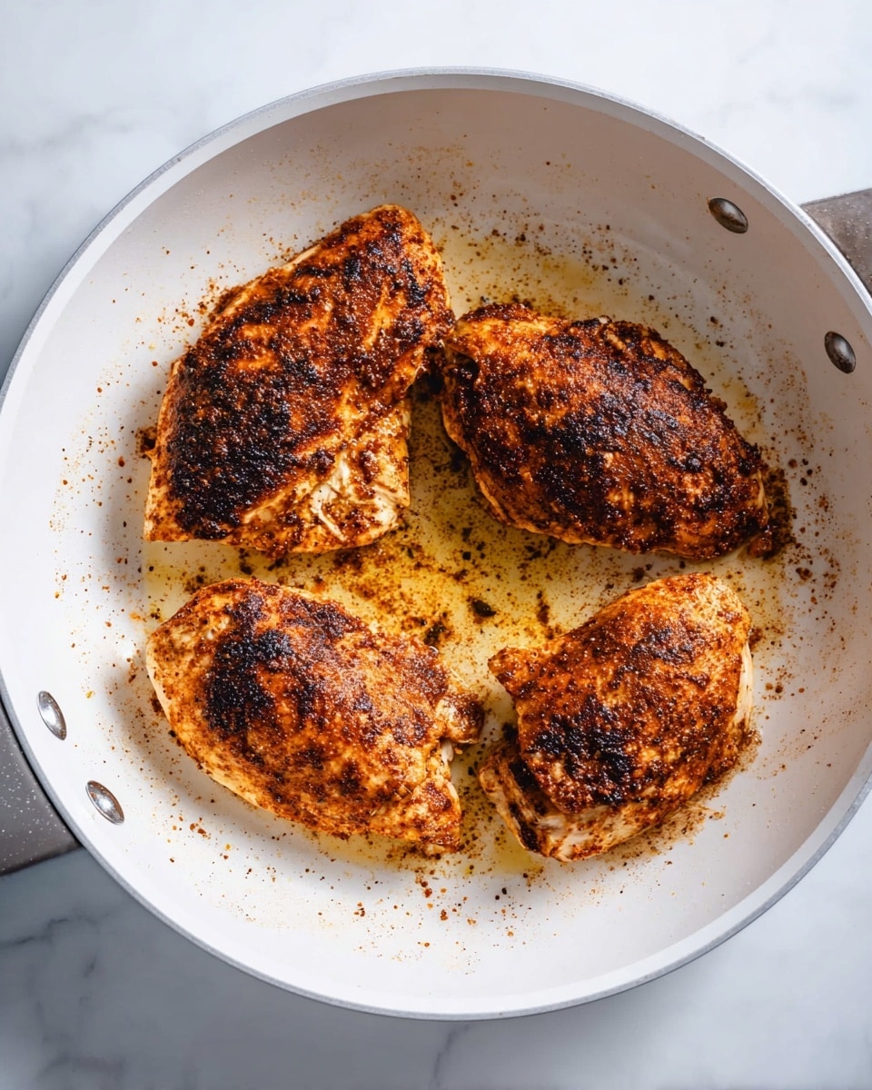 The image shows a white frying pan with four pieces of cooked chicken seasoned with a dark, reddish-brown spice rub. Each piece has a browned, slightly crispy texture with some darker char marks. The chicken pieces fill the pan evenly, and there are small splashes of oil and spices scattered on the pan's surface. The entire scene is set on a white marbled background. photo taken with an iphone --ar 4:5 --v 7