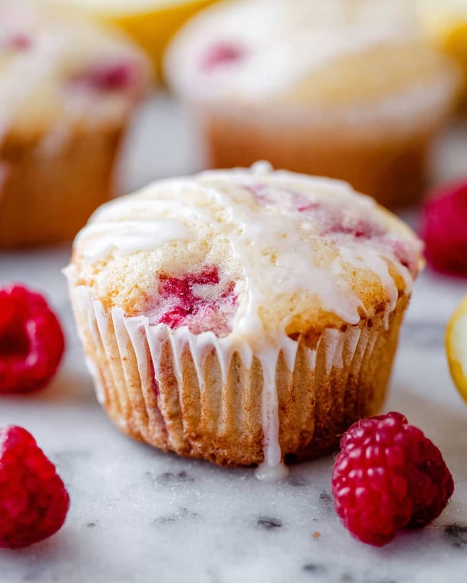Lemon Raspberry Muffins with Lemon Glaze Recipe 6 A close-up of a single cupcake with a light golden-brown base filled with soft pink raspberry pieces inside, resting in a white, crinkled paper liner that is partially peeled away. The top layer of the cupcake is covered with a thin, white glaze that drips slightly down the sides. In the background are a few more cupcakes and bright red raspberries scattered around on a white marbled surface. photo taken with an iphone --ar 4:5 --v 7