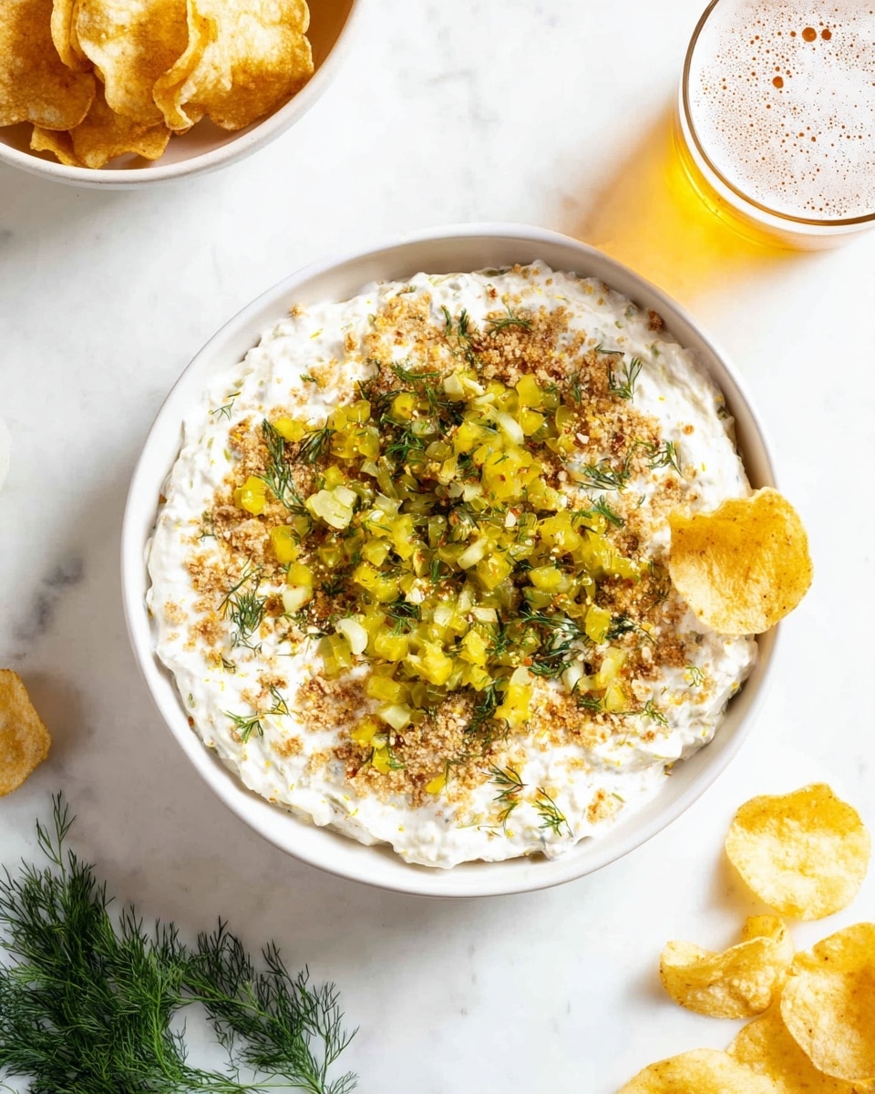 A white bowl filled with a creamy white dip as the base layer, topped evenly with light brown crumbs. On top of the crumbs, there is a scattered layer of small diced bright yellow-green pickles mixed with finely chopped dark green herbs. A single potato chip with some dip rests on the right edge of the bowl, and a few loose potato chips are spread on the white marbled surface near the bowl. In the background, a glass of golden-yellow beer with bubbles and foam sits to the upper right, and a white bowl filled with more potato chips is partially visible in the upper left corner. A small sprig of dark green dill is placed on the lower left near the bowl. Photo taken with an iphone --ar 4:5 --v 7