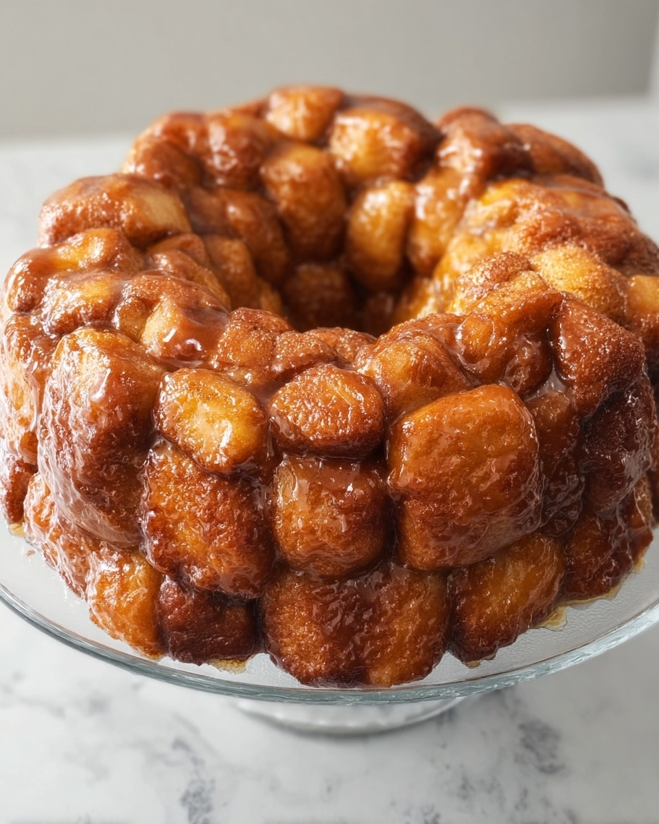 The image shows a round bundt-shaped monkey bread made of many small dough pieces stuck together. Each piece is a golden brown color with a shiny caramel glaze and a sprinkle of cinnamon, creating a textured, sticky surface. The bread sits on a clear glass stand against a white marbled background. The dough pieces are baked closely, forming one thick ring with a hole in the middle. Photo taken with an iphone --ar 4:5 --v 7