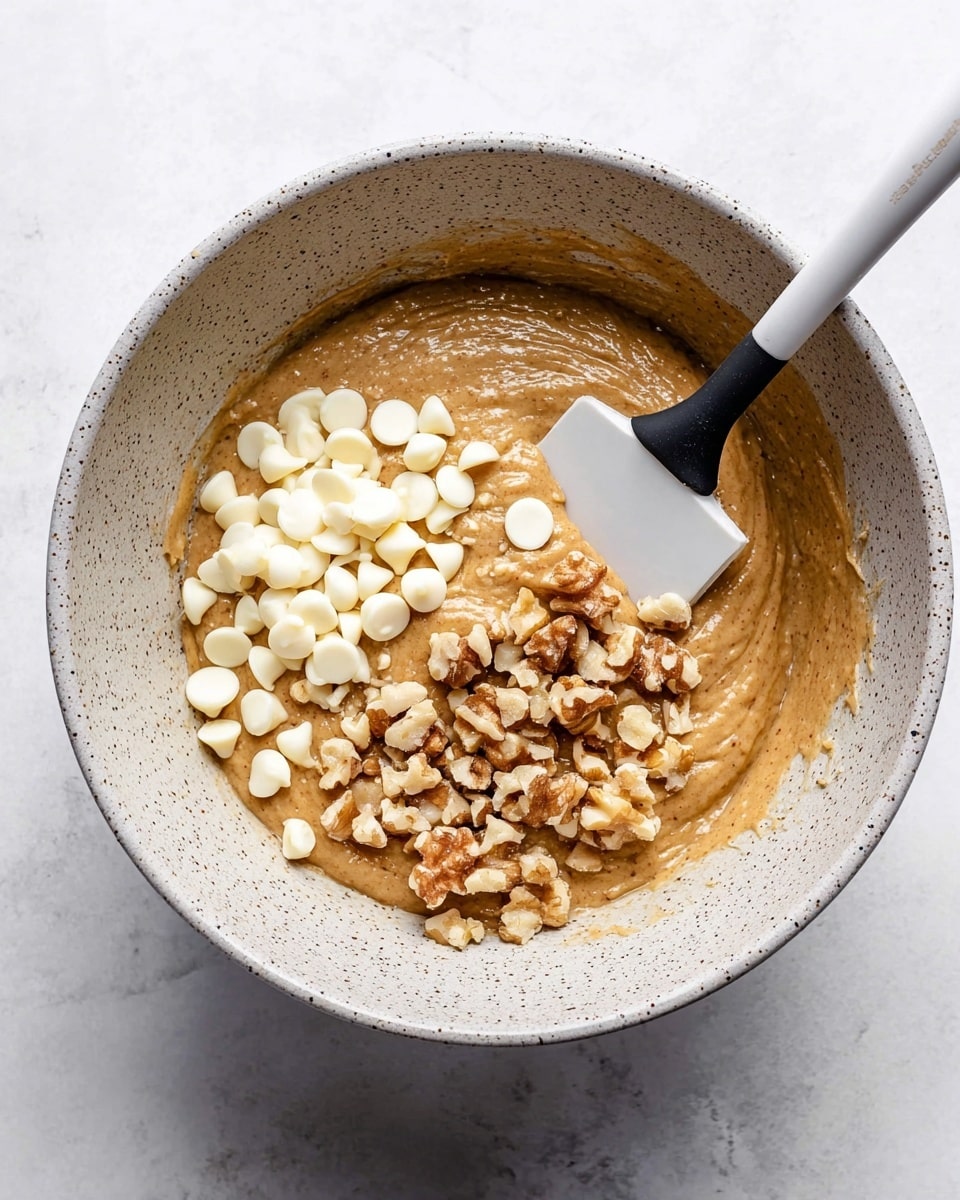 A light gray speckled bowl holds a thick, golden brown batter taking up most of the bowl’s space. On top of the batter, there are two separate piles: creamy white chocolate chips on the left and small light brown chopped walnuts on the right. A white spatula with a black handle is placed inside the bowl, resting on the batter near the walnuts. The bowl is set on a white marbled surface. photo taken with an iphone --ar 4:5 --v 7