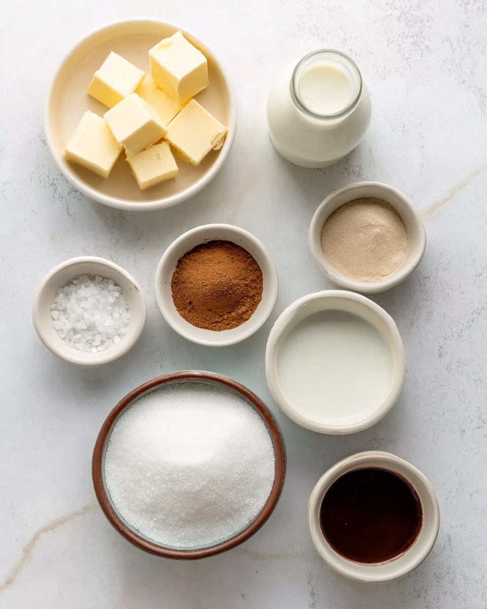 The image shows seven small white bowls with different ingredients placed on a white marbled surface. One bowl has about six small yellow cubes of butter at the top left. Below the butter bowl, there is a small bottle filled with white liquid, probably milk or cream. To the right of the butter, a bowl holds a light brown powder, likely cinnamon. Just below the cinnamon bowl, there is a larger white bowl full of white granulated sugar. At the bottom left, a bowl contains small granules of coarse white salt. To the right of that, a bowl has a small amount of clear liquid, possibly water. Lastly, at the bottom right, a bowl holds a dark brown substance that looks like coffee or melted chocolate. The bowls are arranged in a neat pattern, and there is a woman’s hand at the edge of the frame, suggesting preparation, photo taken with an iphone --ar 4:5 --v 7