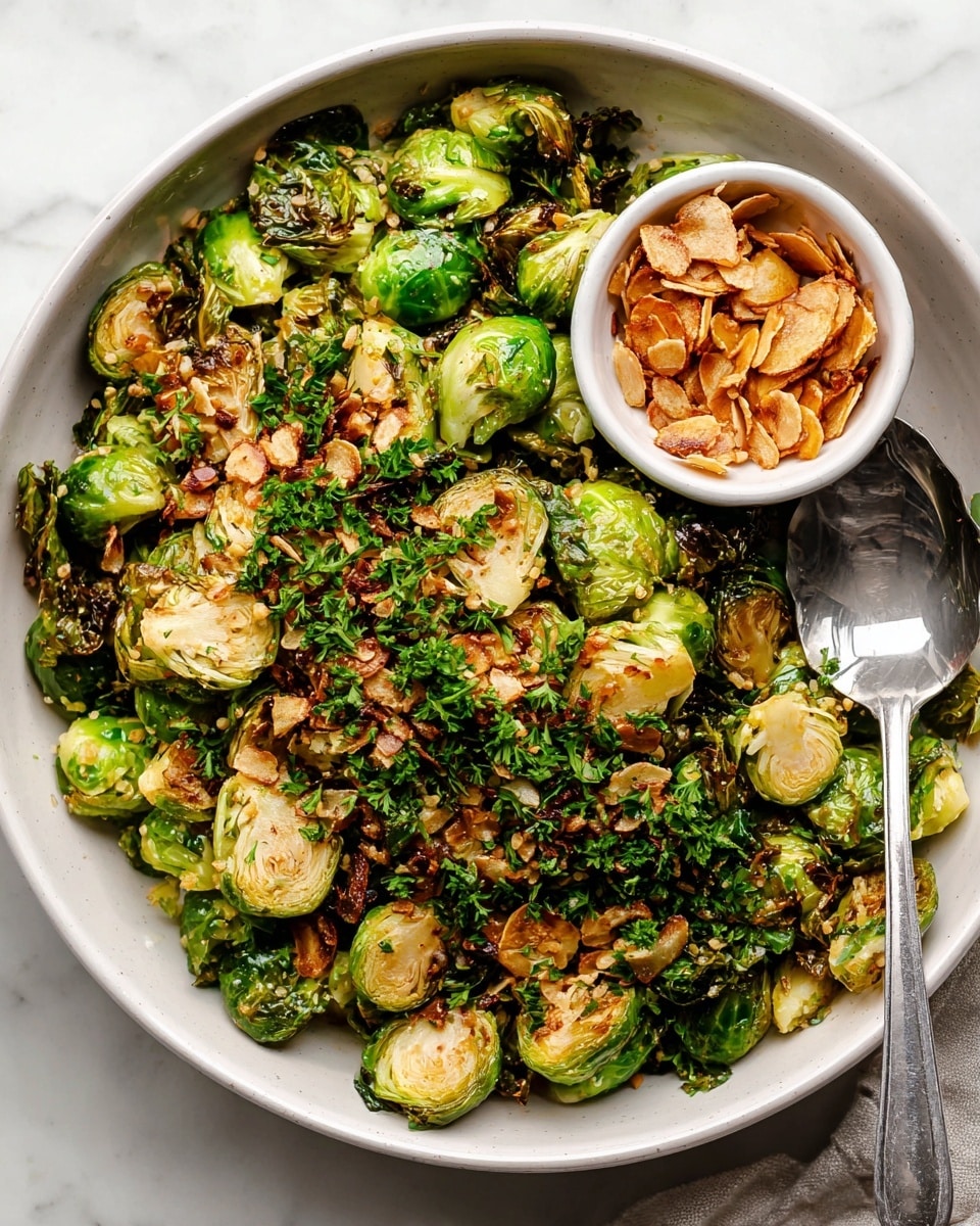 A white shallow bowl filled with three layers: the first layer is roasted Brussels sprouts, light to dark green with browned, slightly charred edges and a soft texture; the second layer is golden-brown roasted sliced garlic chips scattered evenly on top of the Brussels sprouts; the third layer is fresh, bright green chopped parsley sprinkled over the dish. On the right side inside the bowl, a white small round ramekin holds more garlic chips. A silver spoon rests on the left side of the bowl, partly on the Brussels sprouts. The bowl sits on a white marbled surface. photo taken with an iphone --ar 4:5 --v 7
