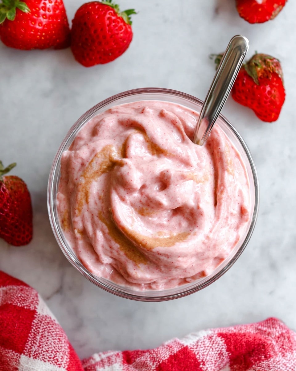 A top view of a small clear bowl filled with a creamy pink strawberry yogurt mixed with light brown almond butter swirled through it, creating soft waves and a smooth texture. The bowl sits on a white marbled surface, with a shiny silver spoon placed inside the bowl on the left. Around the bowl, there are whole and halved bright red strawberries, and a red and white checkered cloth is slightly visible at the bottom edge of the image. photo taken with an iphone --ar 4:5 --v 7