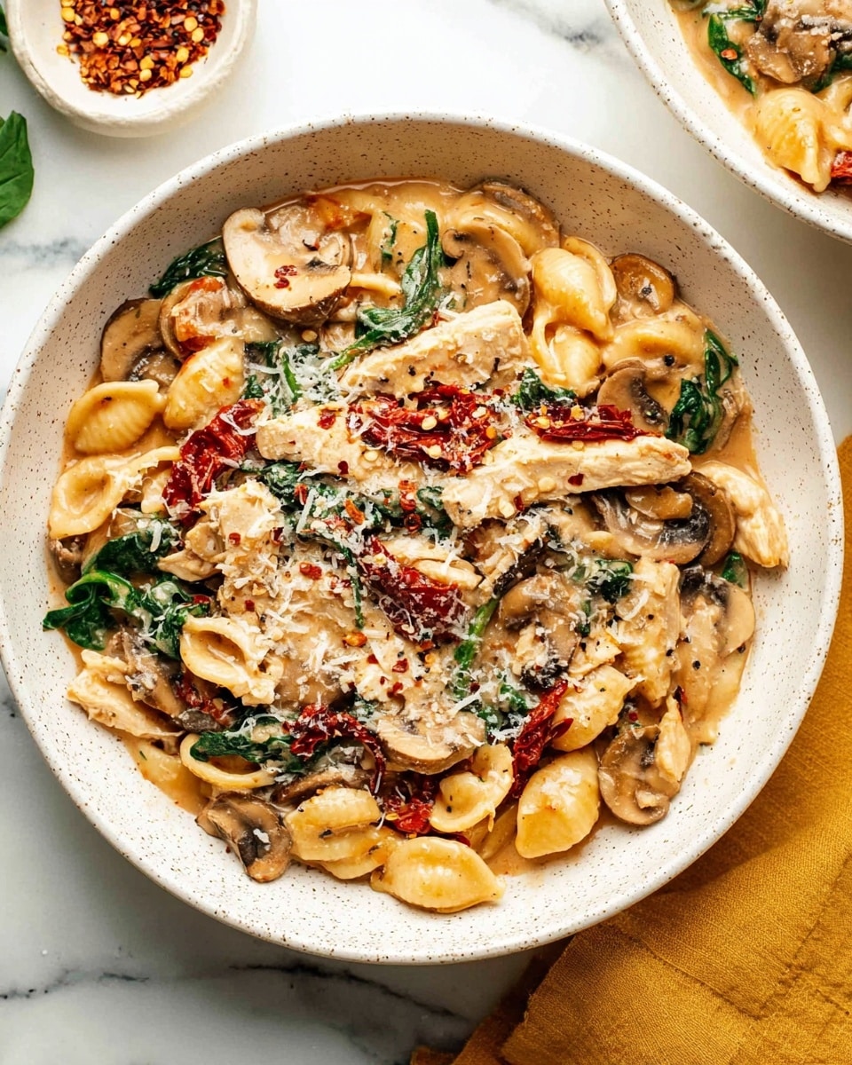 The dish is served in a deep white speckled bowl filled with three layers: the base layer is creamy light brown sauce, the middle layer has small curved pasta, light brown cooked mushrooms, green spinach leaves, bright red sun-dried tomatoes, and white pieces of cooked chicken spread evenly, the top layer is sprinkled with coarse white cheese and red chili flakes. The bowl sits on a white marbled surface with a mustard-colored cloth partially visible at the edge, and part of another white bowl with similar contents is visible at the top right corner. Photo taken with an iphone --ar 4:5 --v 7