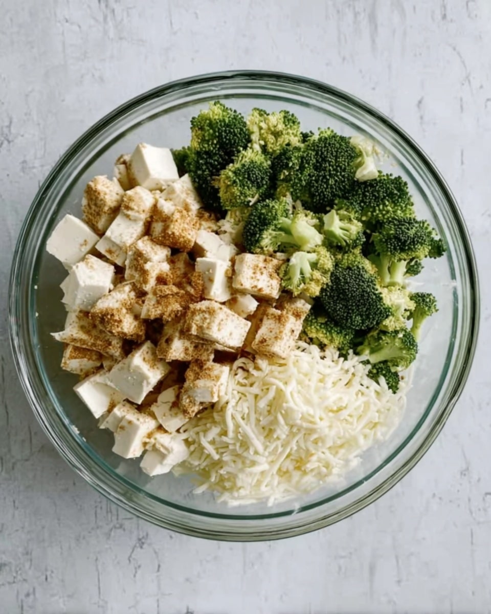 A clear glass bowl sitting on a white marbled surface holds a fresh mixture of ingredients. The base layer is made up of small, bright green broccoli florets clustered on one side. Next to the broccoli is a thick layer of white shredded cheese. On top of both, there are evenly spread small white cubes of tofu sprinkled with a light brown spice powder. The mix looks fresh and ready to be tossed or served. Photo taken with an iphone --ar 4:5 --v 7