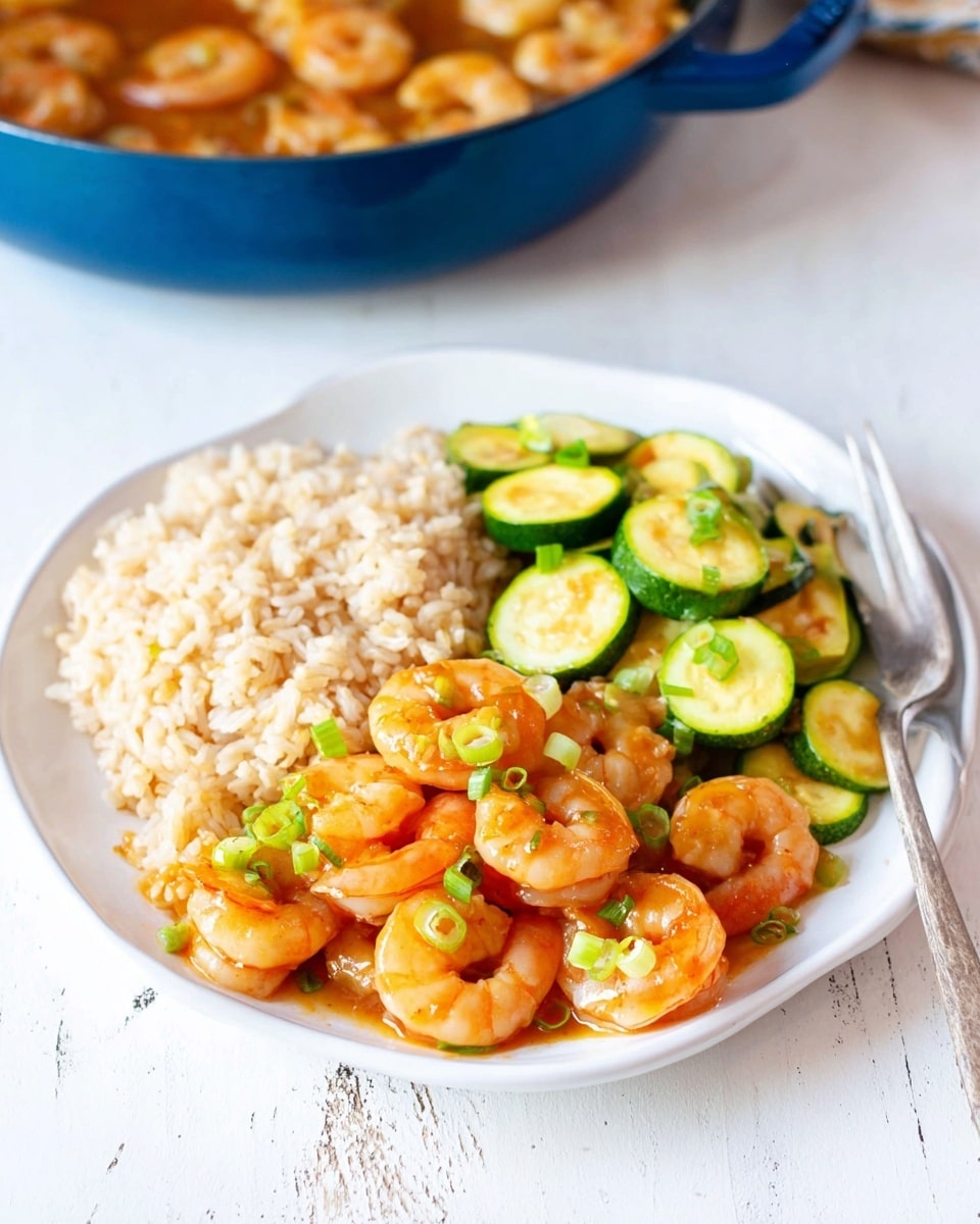 A white plate on a white marbled surface holds three main layers. On the left side, there is a mound of cooked light brown rice with a soft, fluffy texture. Next to the rice, on the right side, is a layer of cooked green zucchini slices showing a mix of light and dark green colors and a slightly glossy look. In front of the rice and zucchini sits a generous pile of bright orange shrimp cooked in a shiny sauce, garnished with small chopped green onions sprinkled over the shrimp. On the right edge of the plate, a silver fork rests partially on the zucchini layer. In the background, a blue pan with more shrimp in sauce can be seen, partly out of focus. Photo taken with an iphone --ar 4:5 --v 7