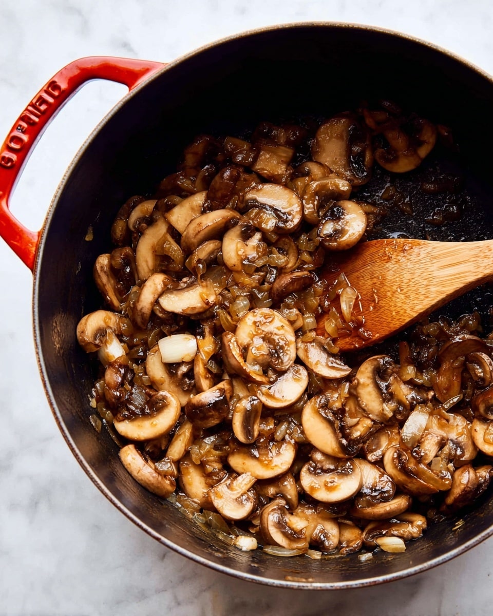 A black pot with a red handle holds a mixture of cooked sliced mushrooms and small chopped onions. The mushrooms are brown with a soft texture and are coated in a light brown sauce that makes them shiny. A wooden spoon rests on the right side, partially covered by the mushrooms. The pot sits on a white marbled surface. photo taken with an iphone --ar 4:5 --v 7