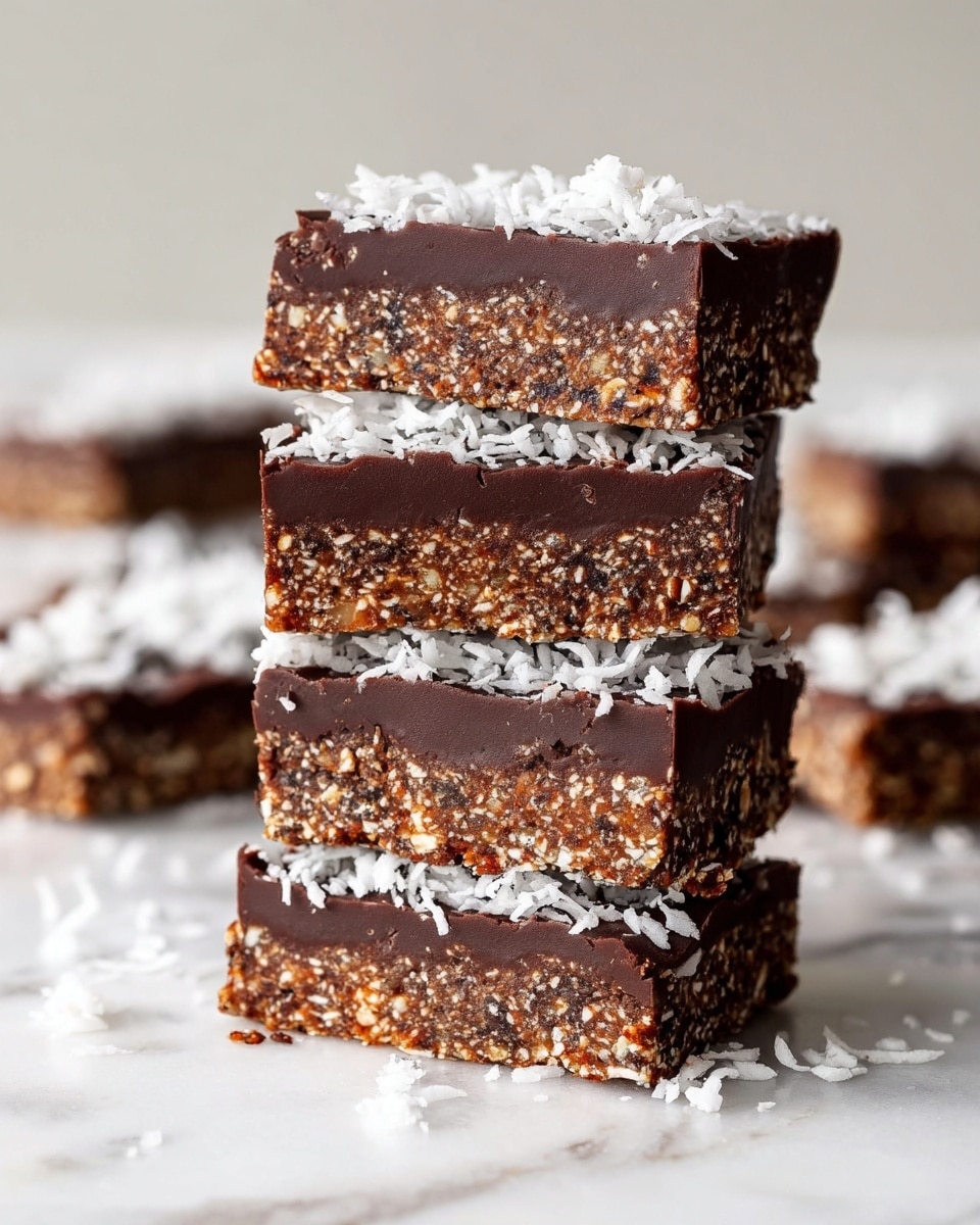 A close-up of a stack of five rectangular layered bars set on a white marbled surface, each bar showing two main layers: a thick, textured bottom layer filled with small nutty bits and a smooth, dark chocolate-like top layer; between each bar, there is a thin layer of shredded white coconut that peeks out slightly, adding contrast; the bars have a rough and crunchy texture on the bottom while the top layer is glossy and smooth, and extra shredded coconut is scattered around the base of the stack, with a blurred background showing more bars. photo taken with an iphone --ar 4:5 --v 7