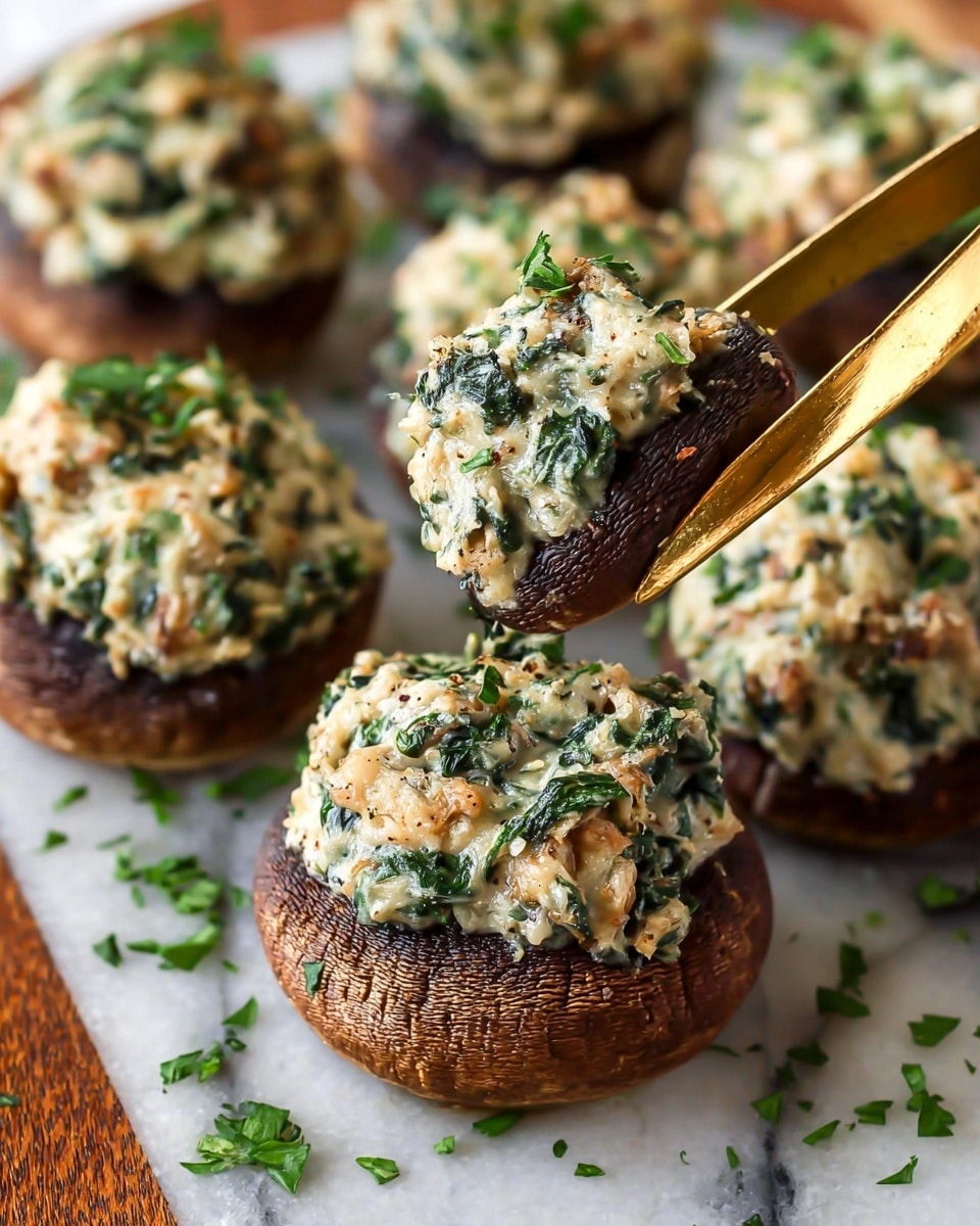 The image shows a close-up of several stuffed mushrooms on a white marbled surface. Each mushroom has a dark brown cap filled with a creamy mixture that appears white with bits of green spinach and light tan pieces of filling, giving it a textured look. The filling is heaped nicely above the mushroom caps, almost like a thick layer. Golden tongs are holding one of the mushrooms in the middle of the image. Around the mushrooms, small pieces of fresh green herbs are scattered. The photo taken with an iphone --ar 4:5 --v 7