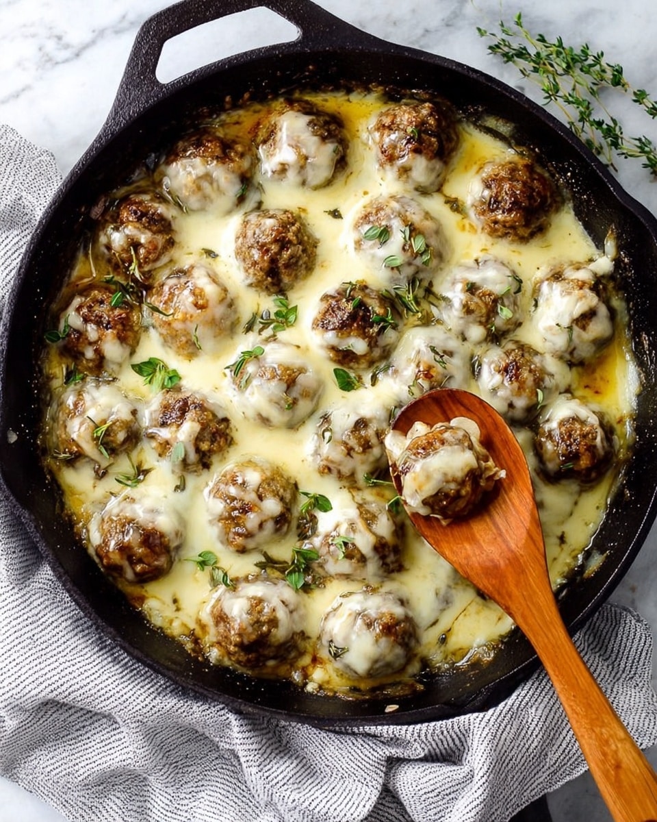 The image shows a black cast iron pan filled with around 18 round meatballs covered evenly with melted creamy white cheese that has browned slightly in spots. The meatballs have a textured, browned surface visible beneath the cheese. Small green herb leaves are sprinkled on top of the cheese. The pan is placed on a white marbled surface with a grey and white striped cloth nearby. A wooden spoon with a warm brown tone is scooping one meatball from the pan. Photo taken with an iphone --ar 4:5 --v 7