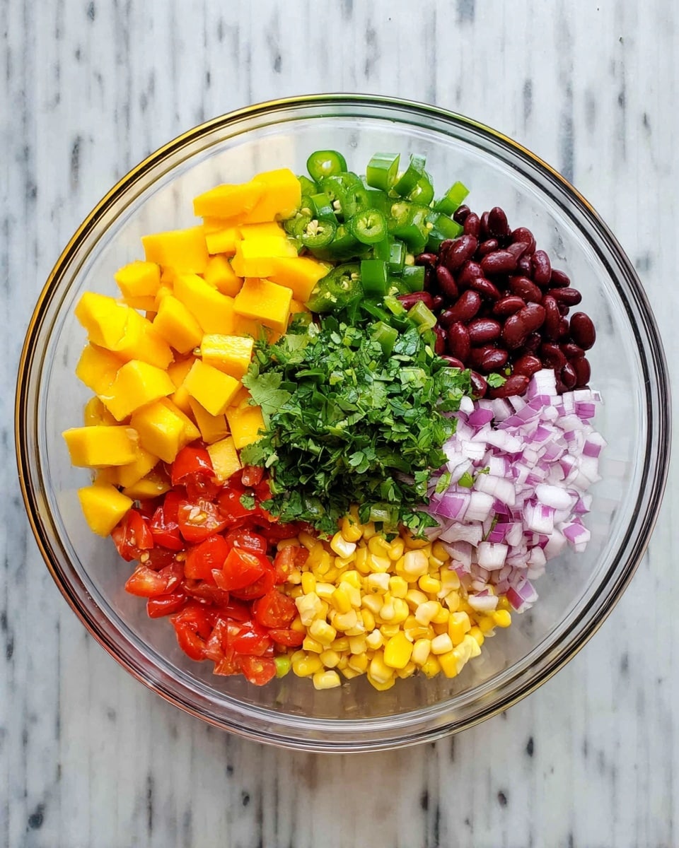 A clear glass bowl contains six neat piles of diced ingredients arranged in a circle. Starting from the top and moving clockwise, there are bright yellow mango cubes with a smooth texture, dark red kidney beans with a shiny surface, finely chopped light purple onions with white edges, finely chopped green jalapeños, bright red diced tomatoes, and small yellow corn kernels. In the center, there is a pile of fresh green chopped cilantro with leafy texture. The bowl is set on a white marbled surface. Photo taken with an iphone --ar 4:5 --v 7