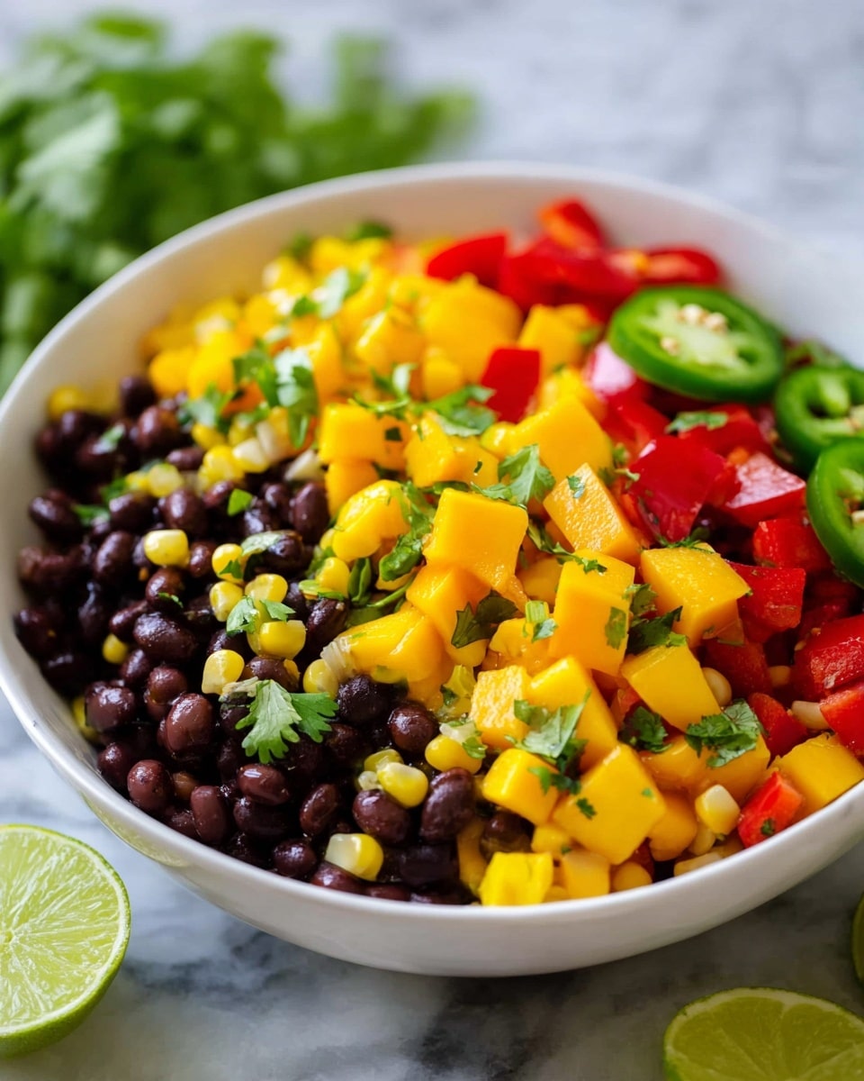 A close-up view of a white bowl filled with a colorful salad made of four main layers. The bottom layer has small yellow corn kernels. The next layer includes black beans with a smooth, shiny texture. On top of these are bright orange-yellow mango cubes with a juicy look, and scattered red bell pepper pieces adding a pop of color. The salad is garnished with sliced green jalapeños and fresh bright green cilantro leaves. The bowl is placed on a white marbled surface with a couple of lime wedges nearby. Photo taken with an iphone --ar 4:5 --v 7