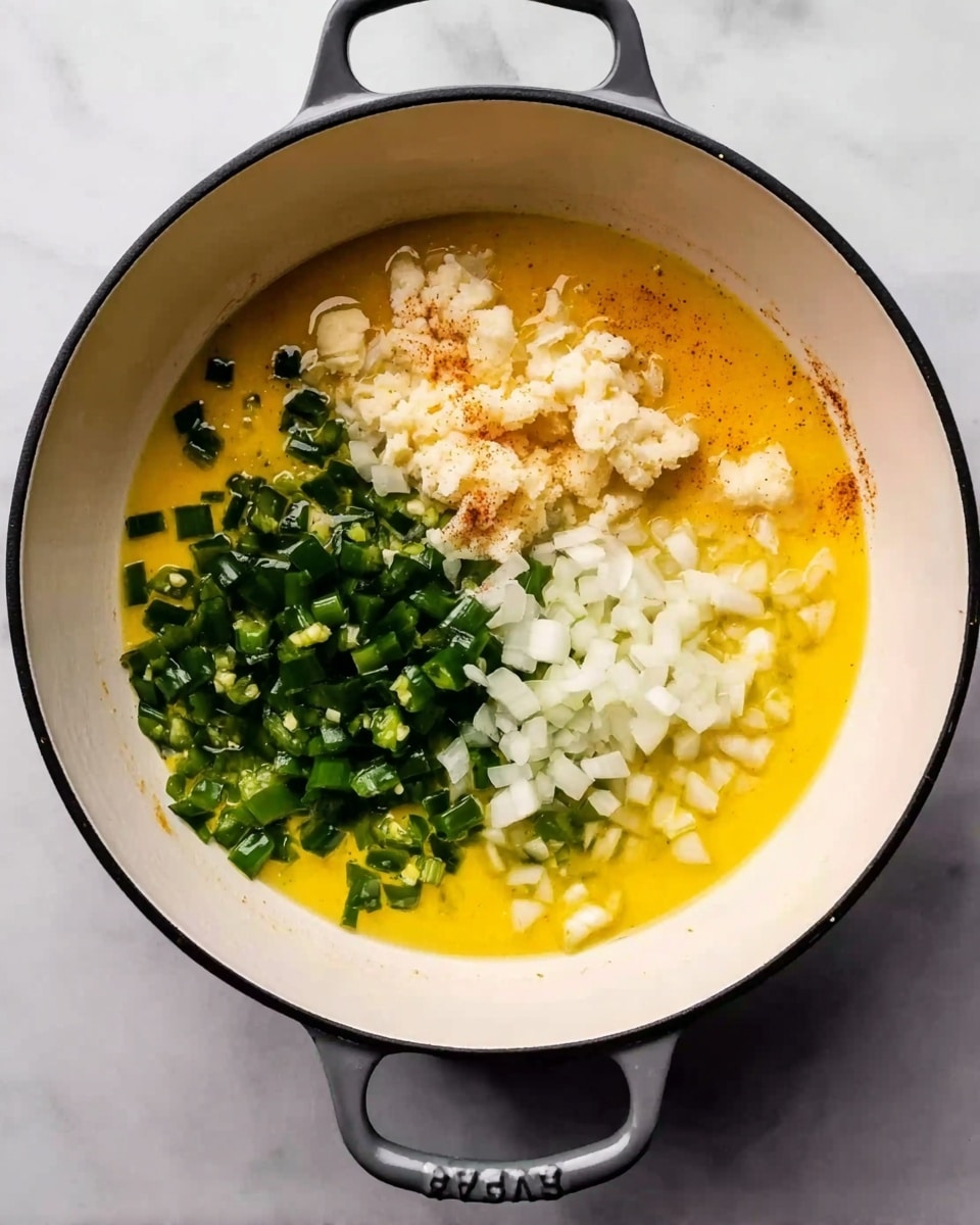 A white enamel pot with dark gray handles sits on a white marbled surface, filled with a bright yellow mixture that looks like melted butter or oil. Inside the pot, there are three different ingredients layered without mixing: pale cream-colored minced garlic clumps on the left, chopped dark green jalapeño pieces in the middle, and chopped white onion pieces on the right. The colors contrast well inside the pot, showing the textures of the minced, chopped, and melted items clearly. Photo taken with an iphone --ar 4:5 --v 7