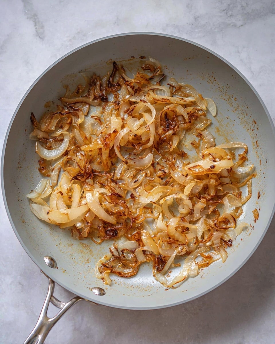 The image shows a cooking pan with a layer of caramelized onions inside. The onions are in various shades of golden brown and light amber, some pieces slightly darker with a crispy texture. The onions are spread loosely across the bottom of the pan with larger, translucent slices and smaller, thin strips mixed together, showing some oil glistening around them. The pan itself is light gray with a silver handle, placed on a surface with a white marbled texture. photo taken with an iphone --ar 4:5 --v 7