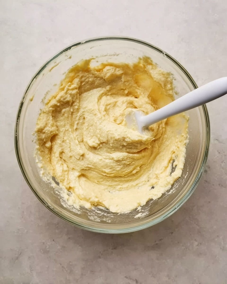 A clear glass bowl filled with a thick, pale yellow batter that has a slightly lumpy texture, showing soft peaks and swirls. A white spatula is partly in the batter, resting inside the bowl, with the handle angled toward the top right corner. The bowl sits on a white marbled surface that gives a clean, bright look. The batter looks creamy and dense, with some uneven parts and rough spots throughout, giving it a homemade feel. photo taken with an iphone --ar 4:5 --v 7