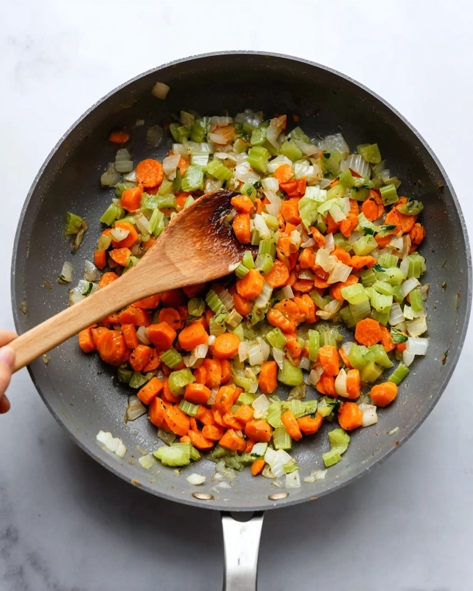 A gray pan is filled with a mix of chopped vegetables, including bright orange carrot pieces, green celery slices, and small white onion chunks, all lightly cooked and stirred, showing a soft but not mushy texture. A wooden spoon with some vegetables on it rests inside the pan, held by a woman's hand, mixing the colorful vegetables. The pan sits on a white marbled surface, and the colors of the vegetables stand out vividly against the neutral background. Photo taken with an iphone --ar 4:5 --v 7