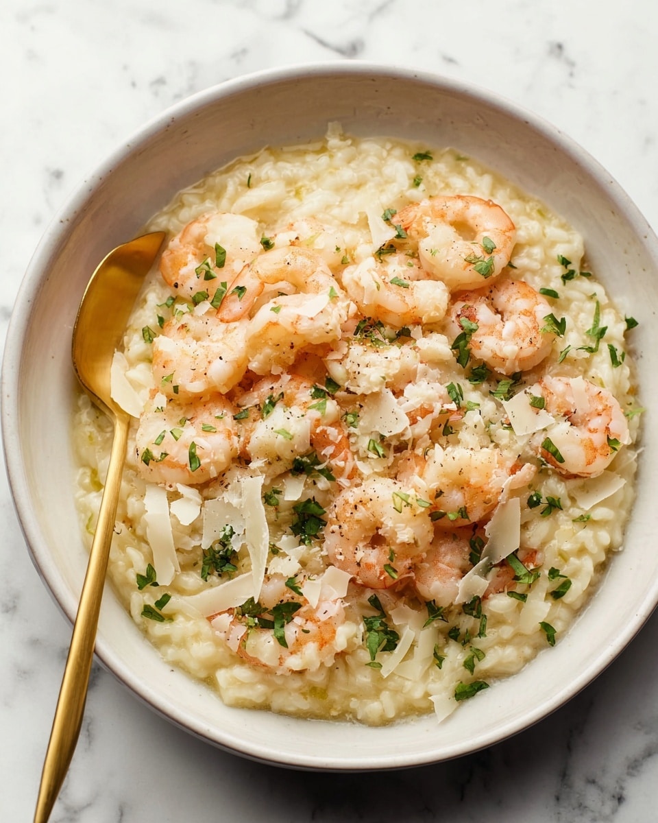 A white bowl holds a creamy risotto base that is pale yellow and textured with soft, cooked rice grains. On top, there is a layer of pink and white cooked shrimp evenly spread. The dish is sprinkled with small, fresh green herb pieces and thin, translucent white cheese shavings. A gold spoon rests inside the bowl on the left side, and the bowl sits on a white marbled surface. Photo taken with an iphone --ar 4:5 --v 7
