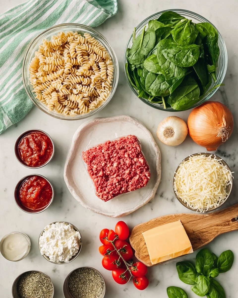 The image shows a top view of a white marbled surface with various ingredients neatly arranged for cooking. In the center, there is a clear glass bowl filled with short twisted pasta that is light beige in color. To the top right, a large clear glass bowl holds fresh green spinach leaves, while a whole yellow onion and a small cluster of bright red cherry tomatoes on the vine sit nearby, along with a pale bulb of garlic. On the bottom right, a small round glass bowl contains white shredded cheese, next to a wooden board holding a wedge of yellow cheese and a small glass bowl of white ricotta cheese. At the bottom left, a white plate presents a square block of raw red ground meat. Near the top left, three small metal containers hold chunky red tomato sauce, a thick reddish paste, and some cooked tomatoes in red sauce. A small white dish holds mixed dried green herbs, and a tiny brown bowl is filled with coarse salt. A light green and white striped cloth napkin lies at the top left corner. Some fresh green basil leaves are scattered near the bottom right. The photo is taken with an iphone --ar 4:5 --v 7